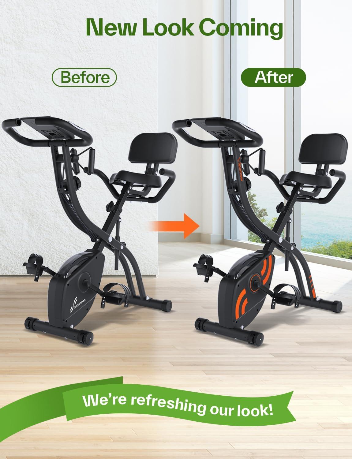 image:imageFoldable Exercise Bike Stationary Bike Sportneer 4 in 1 Indoor Cycling Bike with 16 Level Magnetic Resistance Training Bike with Arm Resistance Band PVC Floor Mat Fitness Bike for Home Gym Workout