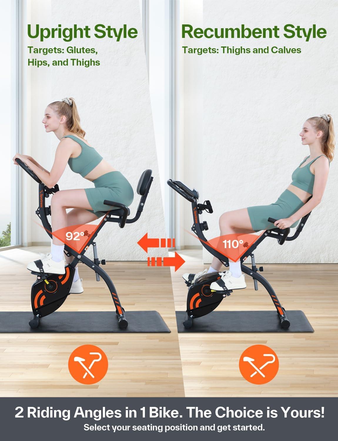 image:imageFoldable Exercise Bike Stationary Bike Sportneer 4 in 1 Indoor Cycling Bike with 16 Level Magnetic Resistance Training Bike with Arm Resistance Band PVC Floor Mat Fitness Bike for Home Gym Workout