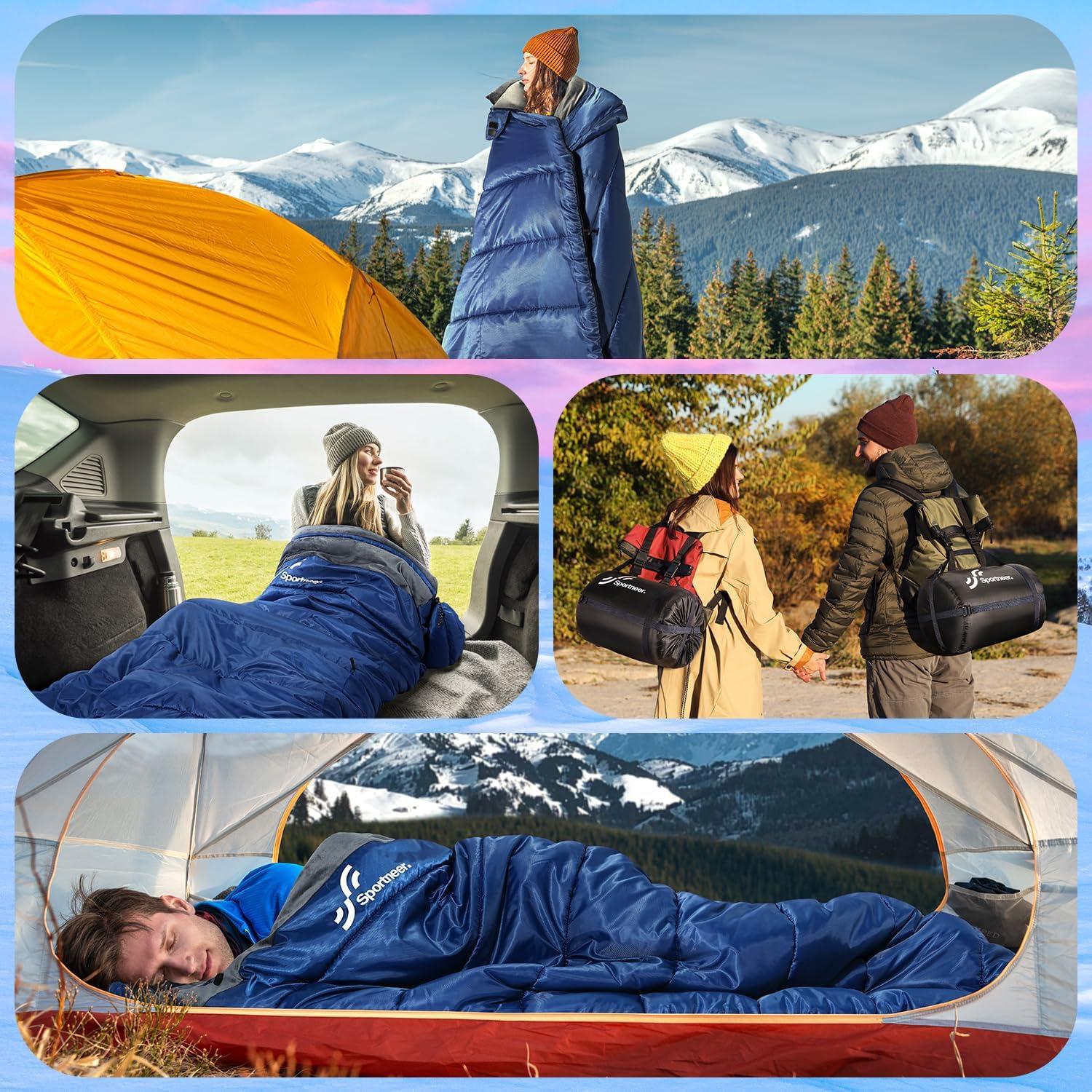 image:imageSportneer 0 Degree Sleeping Bag Crystal Velvet Fabric Lining XXL Winter Cold Weather Sleeping Bag Big and Tall Zero Degree Camping Detachable Hood Compression Sack