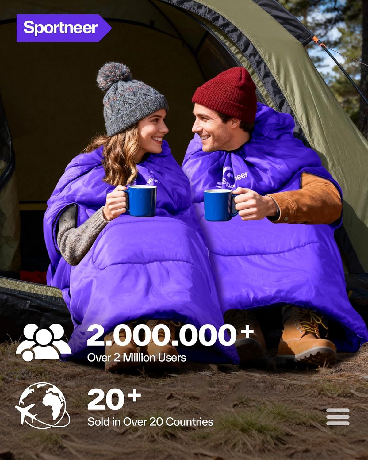 image:imageSportneer 0 Degree Wearable Sleeping Bag for Adults amp Kids Walkable with Arm Zippers Waterproof amp Warm Compact for Camping Stadiums Travel Backpacking amp Car UsePurple
