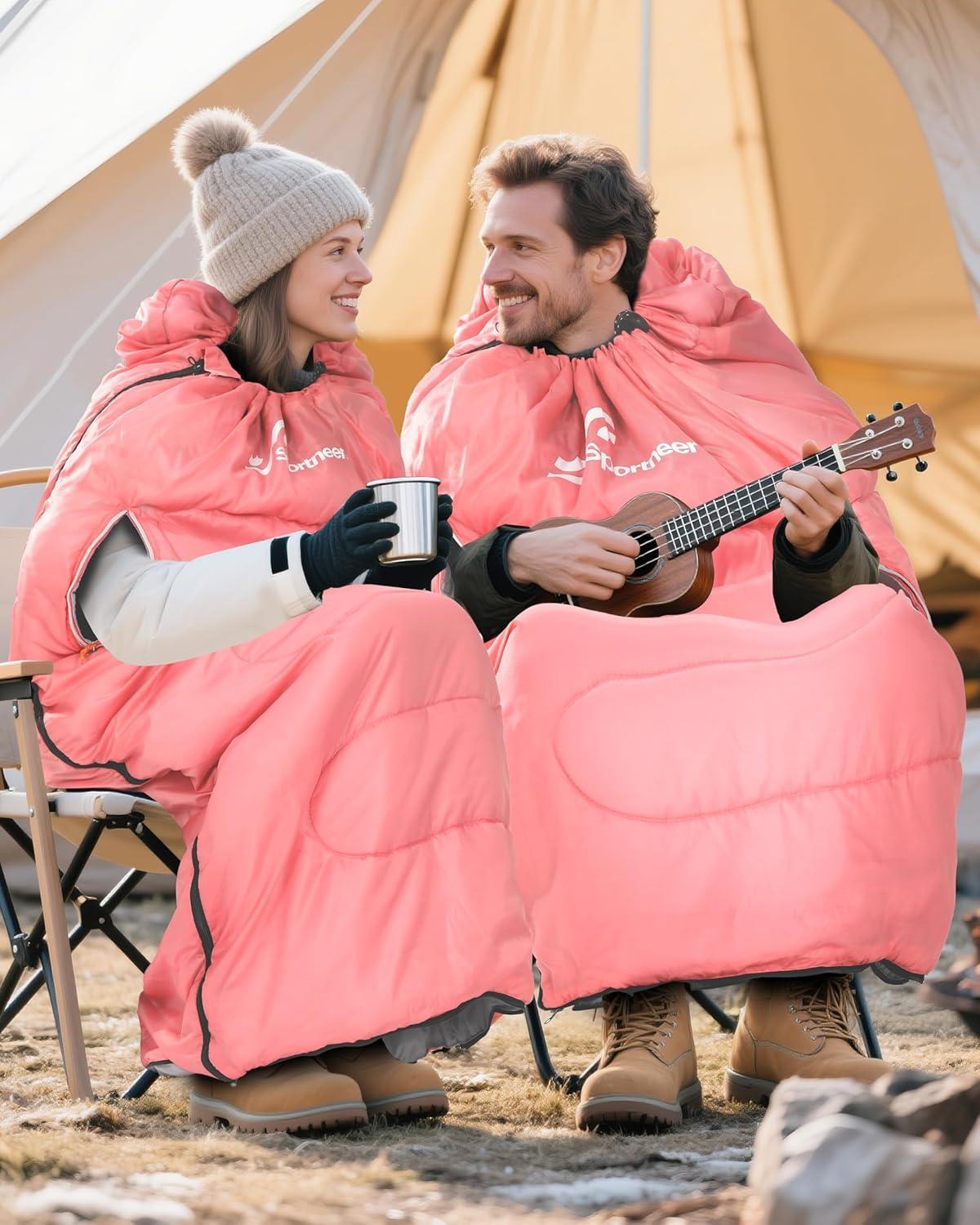image:imageSportneer 0 Degree Wearable Sleeping Bag for Adults amp Kids Walkable with Arm Zippers Waterproof amp Warm Compact for Camping Stadiums Travel Backpacking amp Car UsePink