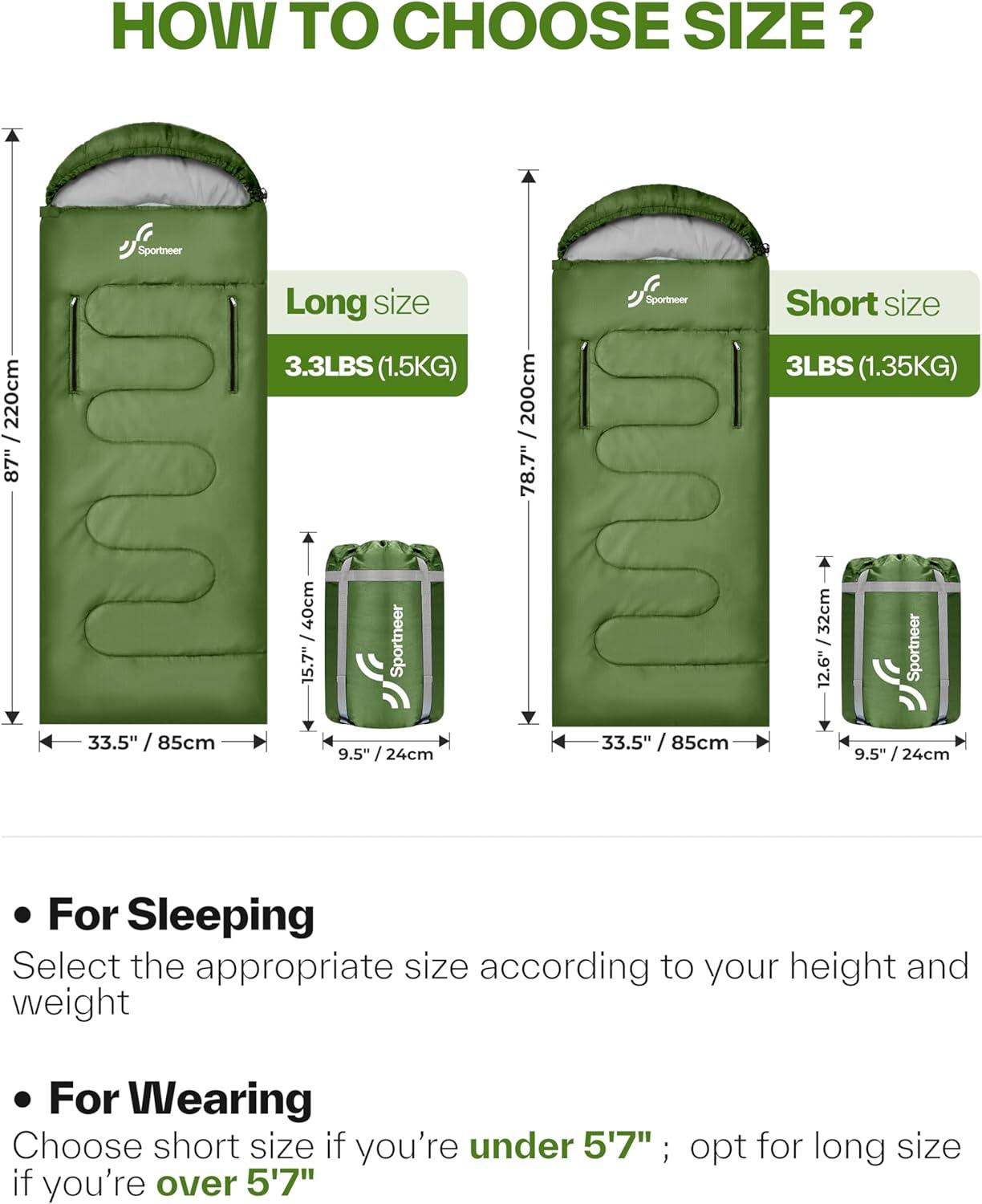 image:imageSportneer 0 Degree Wearable Sleeping Bag for Adults amp Kids Walkable with Arm Zippers Waterproof amp Warm Compact for Camping Stadiums Travel Backpacking amp Car UseGreen