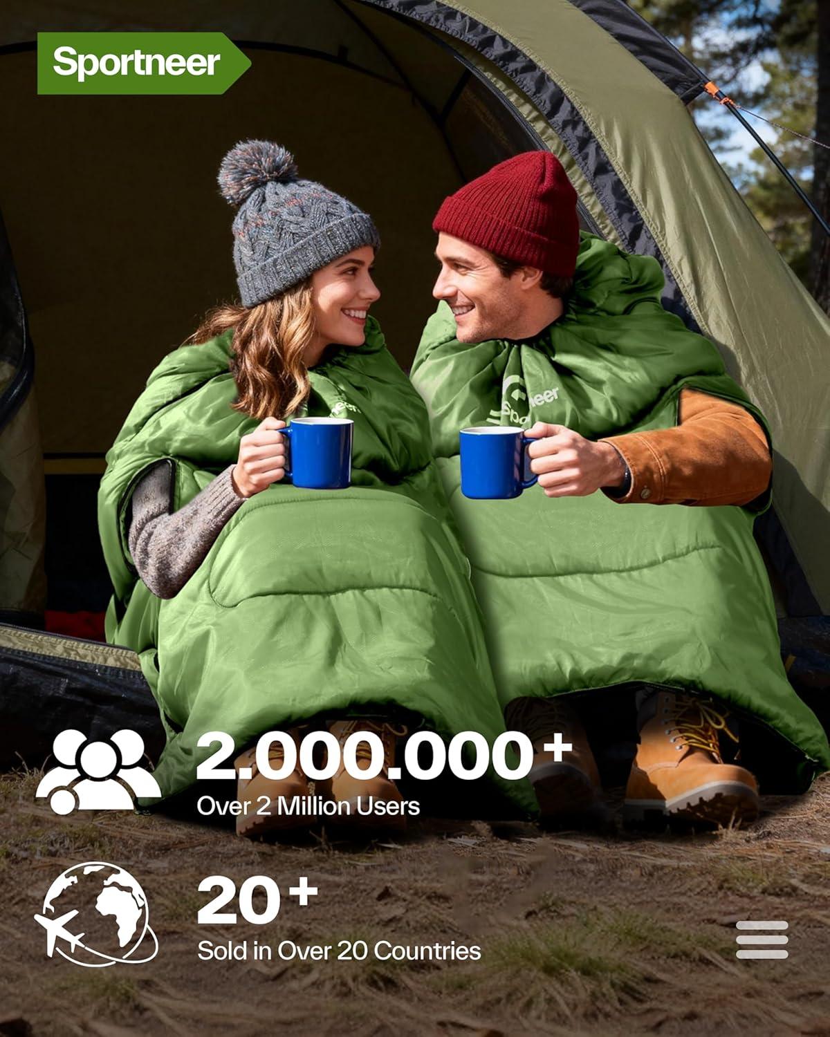 image:imageSportneer 0 Degree Wearable Sleeping Bag for Adults amp Kids Walkable with Arm Zippers Waterproof amp Warm Compact for Camping Stadiums Travel Backpacking amp Car UseGreen