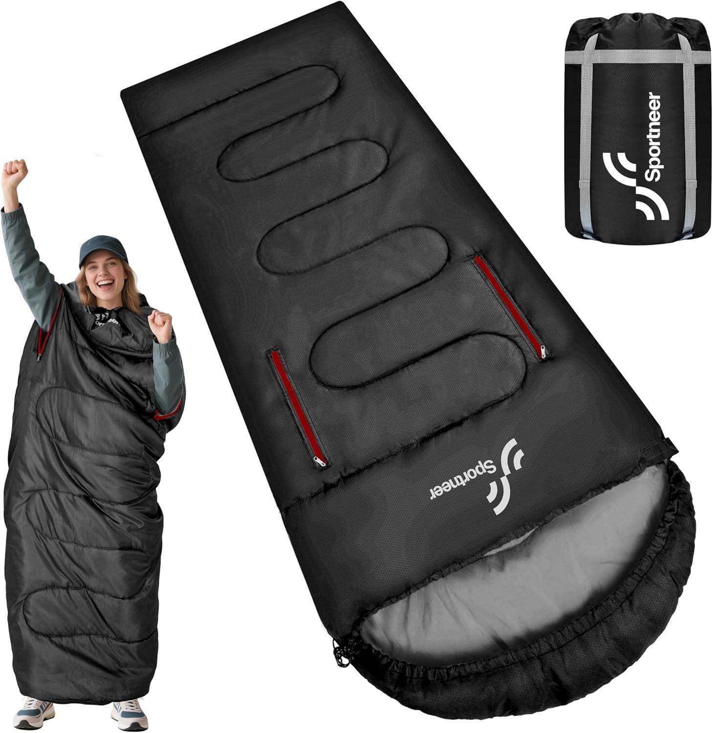 image:imageSportneer 0 Degree Wearable Sleeping Bag for Adults amp Kids Walkable with Arm Zippers Waterproof amp Warm Compact for Camping Stadiums Travel Backpacking amp Car UseBlack