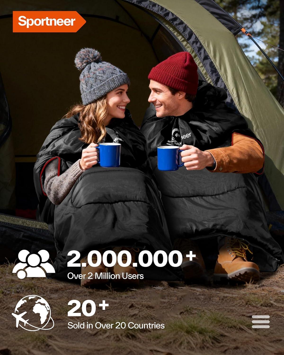 image:imageSportneer 0 Degree Wearable Sleeping Bag for Adults amp Kids Walkable with Arm Zippers Waterproof amp Warm Compact for Camping Stadiums Travel Backpacking amp Car UseBlack