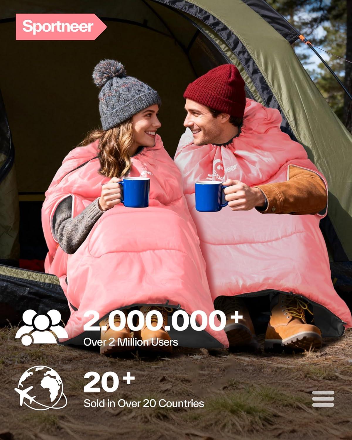 image:imageSportneer 0 Degree Wearable Sleeping Bag for Adults amp Kids Walkable with Arm Zippers Waterproof amp Warm Compact for Camping Stadiums Travel Backpacking amp Car UsePink