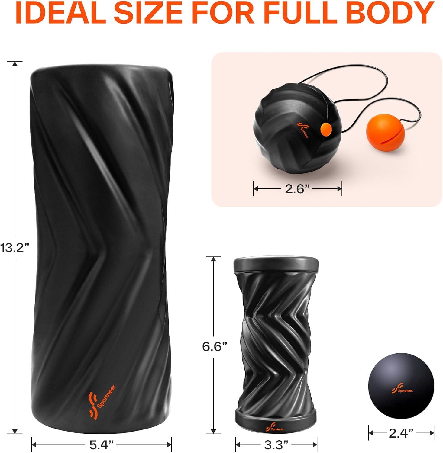 image:imageSportneer 4 in 1 Foam Roller Set Dual Textures Foam Roller Foot Roller Lacrosse Ball Traction Massage Ball with String Deep Massage Roller for Whole Body Release Physical Therapy Black