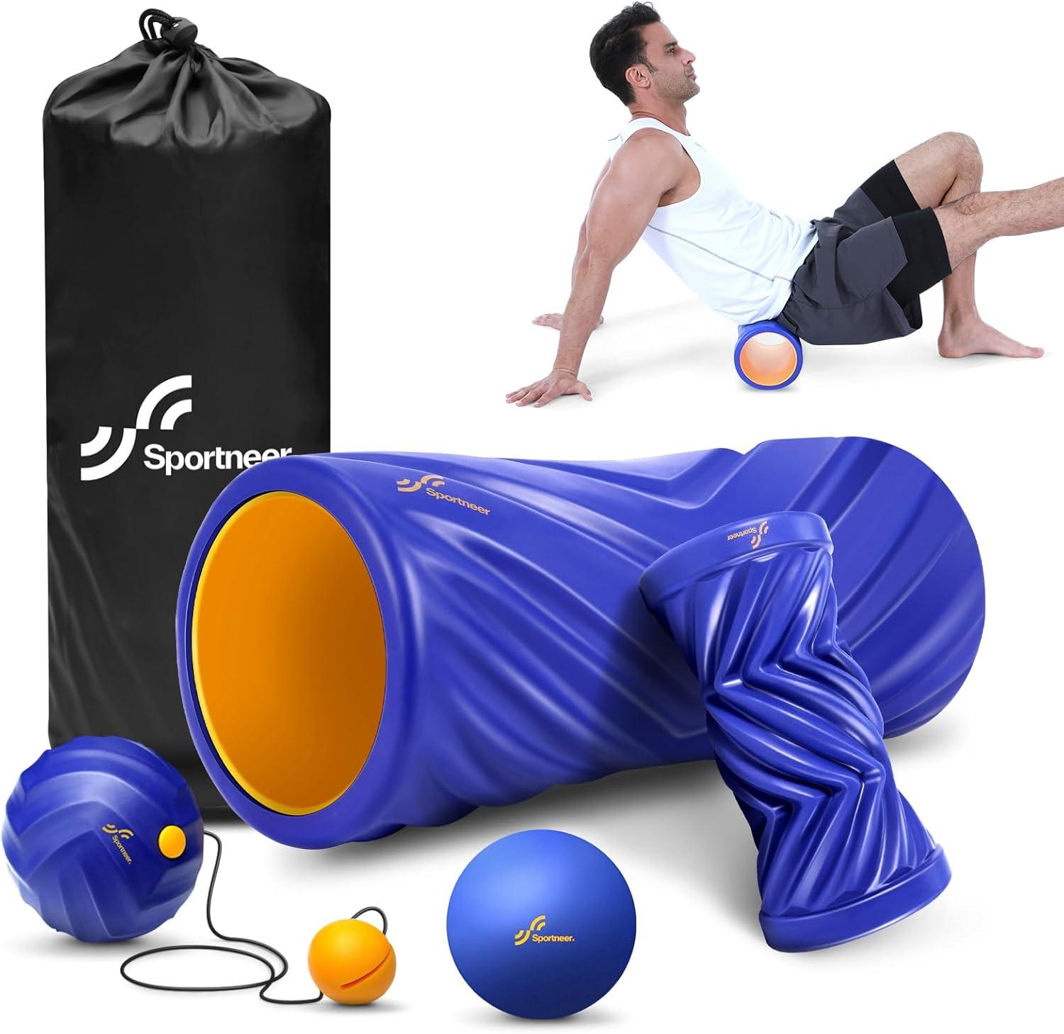 image:imageSportneer 4 in 1 Foam Roller Set Dual Textures Foam amp Foot Roller Stringed Lacrosse Ball Muscle Set for Whole Body ReleaseBlue