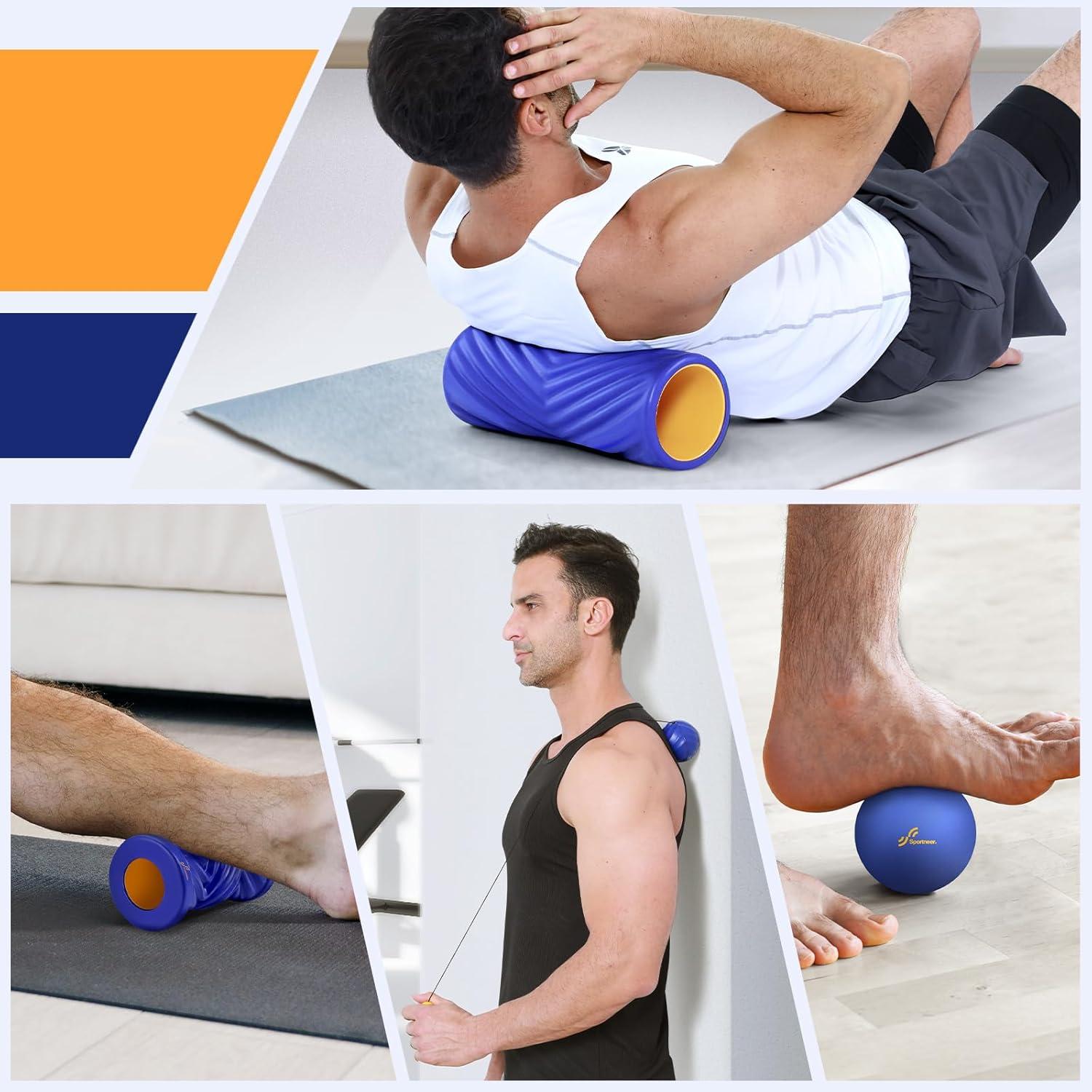 image:imageSportneer 4 in 1 Foam Roller Set Dual Textures Foam amp Foot Roller Stringed Lacrosse Ball Muscle Set for Whole Body ReleaseBlue