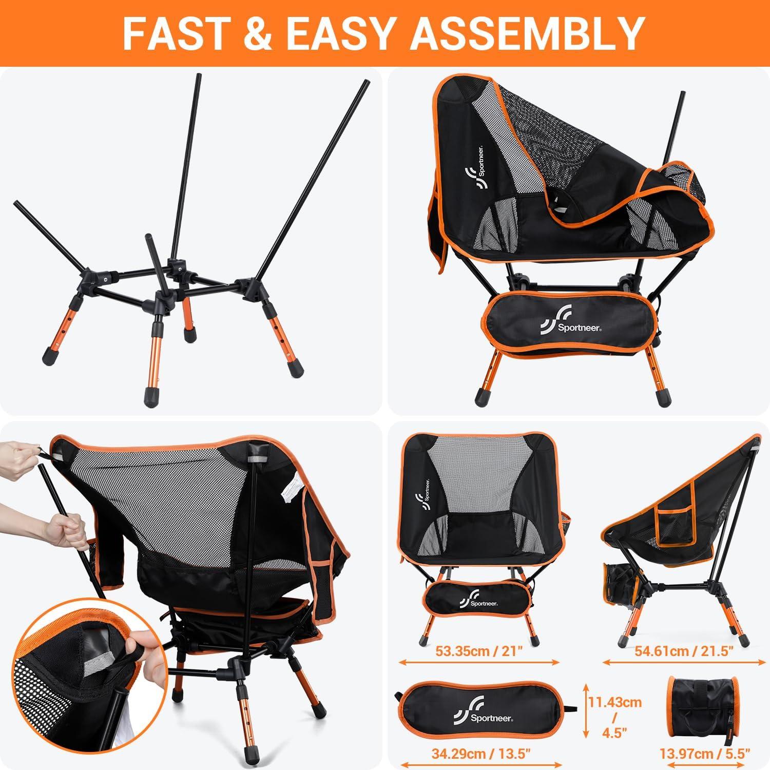 image:imageSportneer Camping Chair 3 Heights Adjustable Lawn Chairs with 2 Side Pockets Compact amp Portable Folding Chairs for Outside Camping Hiking Picnic and Beach 2 BlueOrange