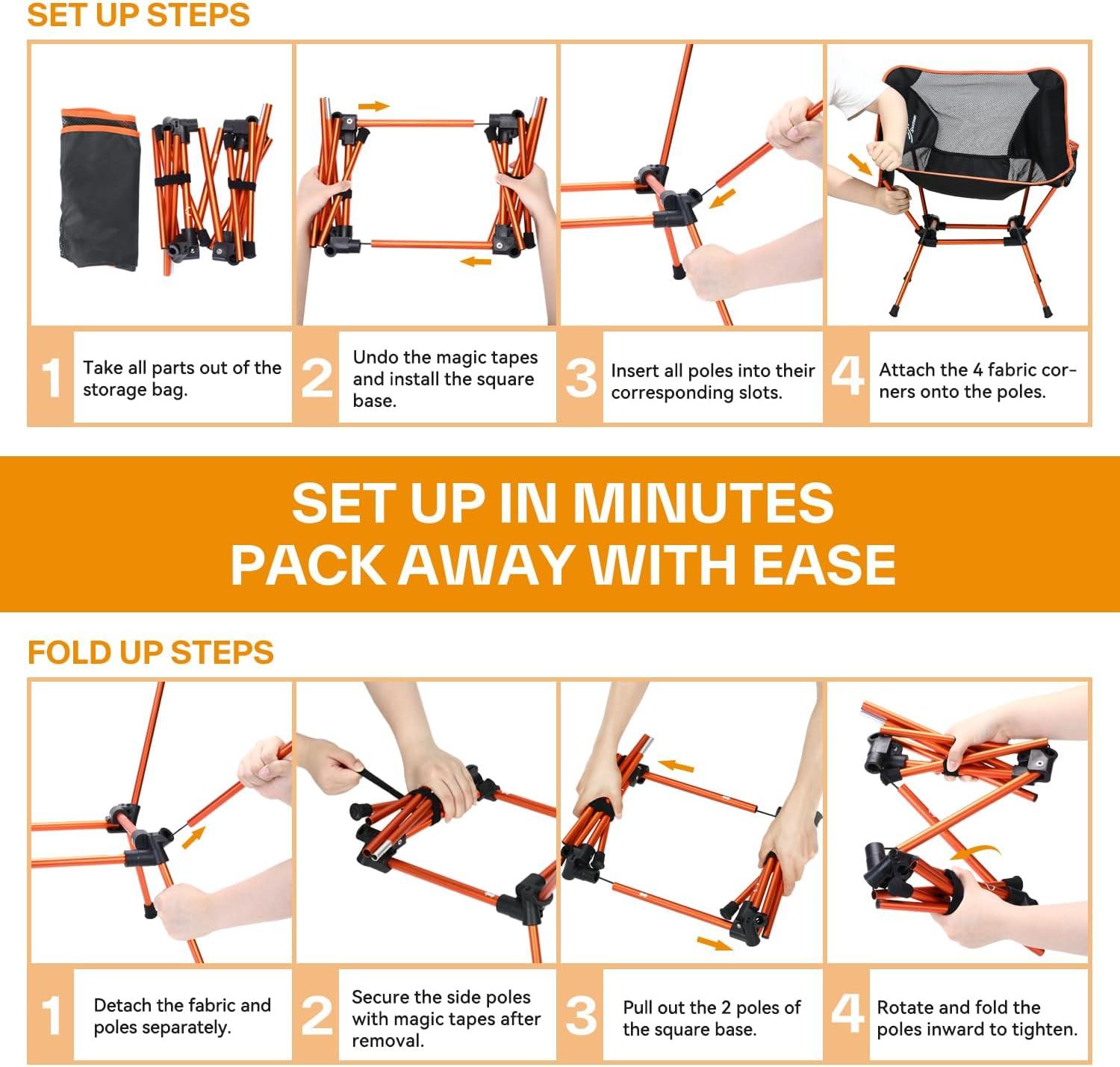 image:imageSportneer Camping Chairs Lightweight Outdoor Chairs with 2 Side Pockets amp Storage Bag Foldable amp Portable Lawn Chairs for Camping Hiking Lawn Picnic Beach Outdoor Travel 1 BlackOrange