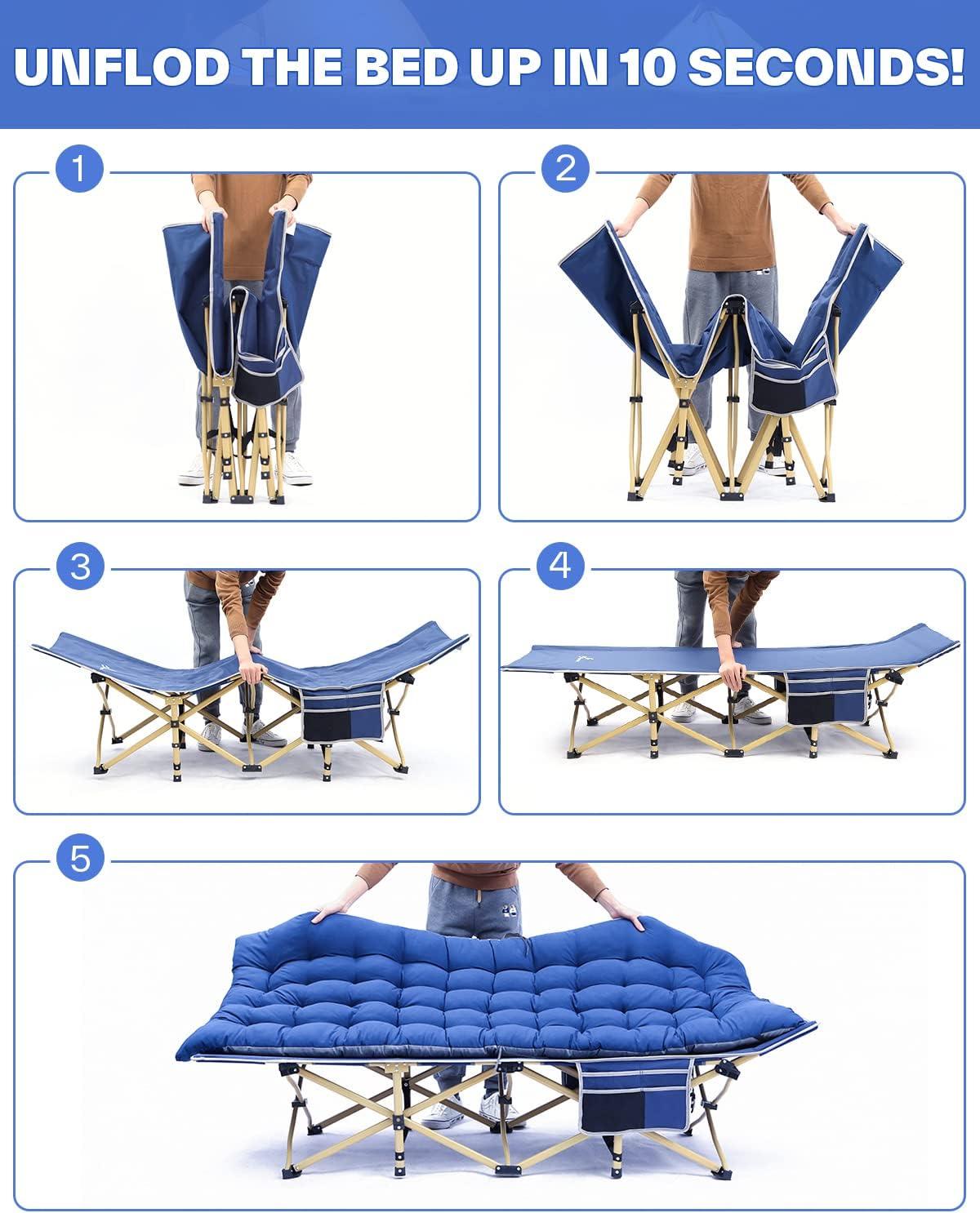 image:imageSportneer Camping Cot 1200D Double Layer Oxford Camping Cots for Adults HeavyDuty Foldable Cots for Camping Travel Tent Day Outdoor amp Home Guest Camping Cots with Mattress Carry Bag amp 2 PocketsBlueblue