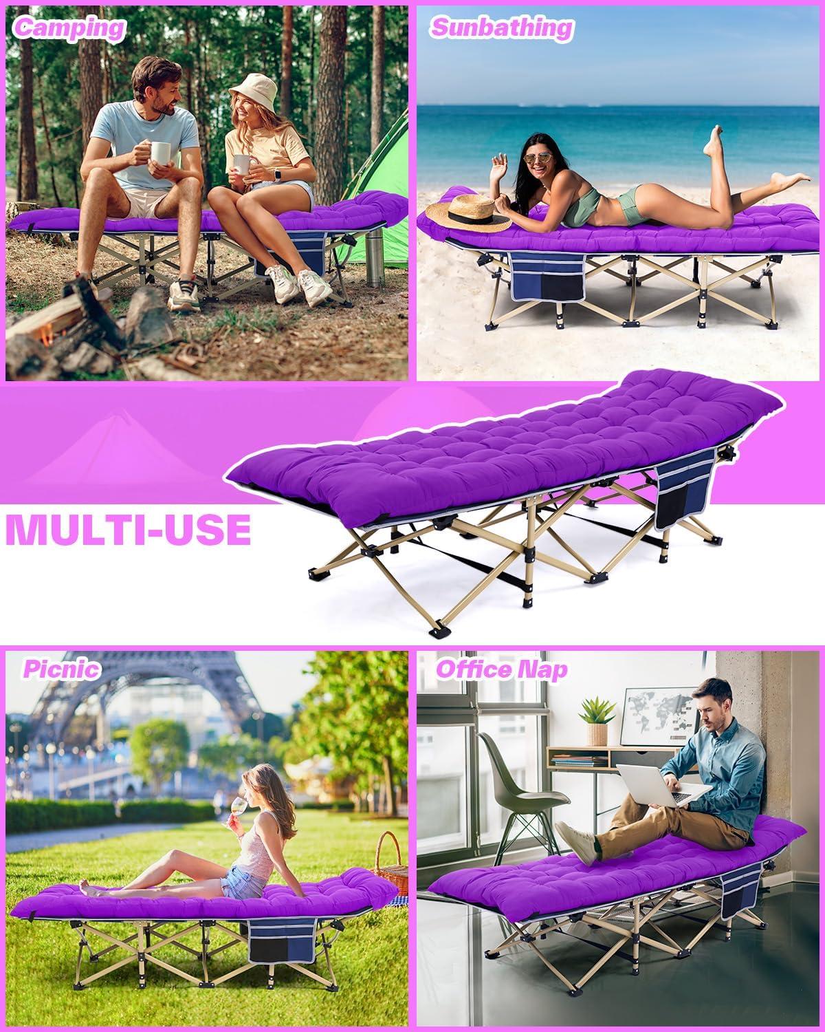 image:imageSportneer Camping Cot 1200D Double Layer Oxford Camping Cots for Adults HeavyDuty Foldable Cots for Camping Travel Tent Day Outdoor amp Home Guest Camping Cots with Mattress Carry Bag amp 2 PocketsBluepurple