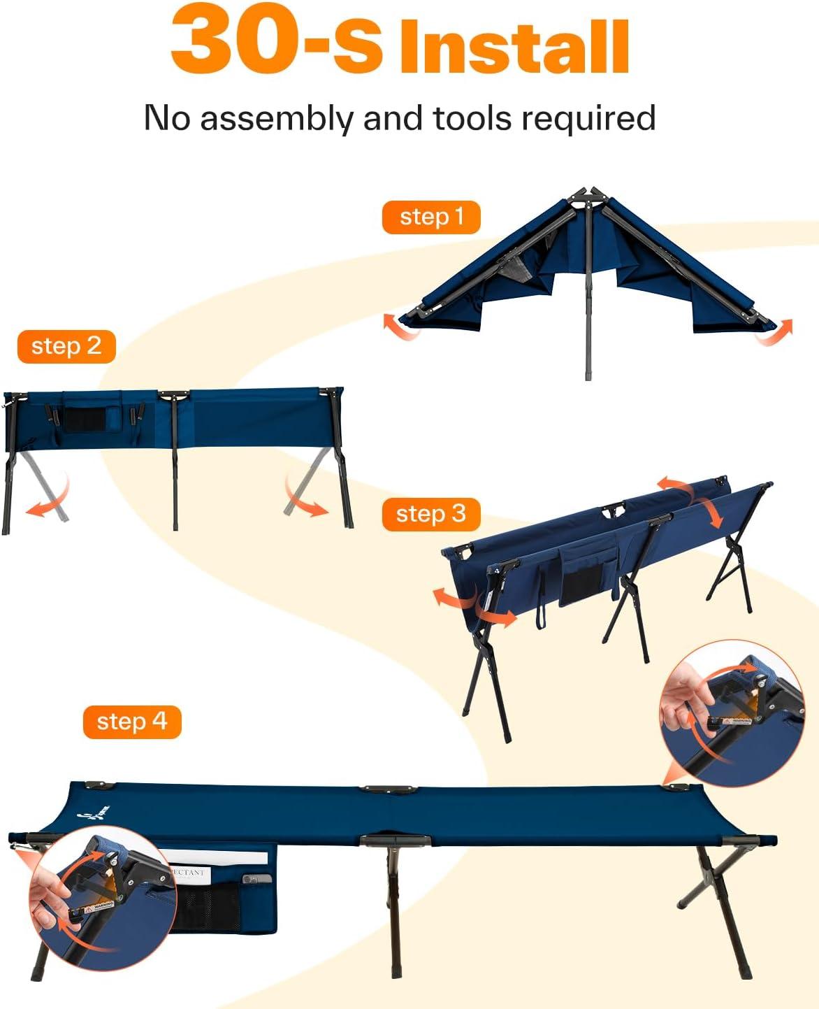 image:imageSportneer Camping Cot 783x287x146 Comfort Cot Bed for Camping Traveling Guest Bed Sleeping Cots for Adults with Side Pockets amp Storage Bag Ease of Assembly Support 330 LbsBlue