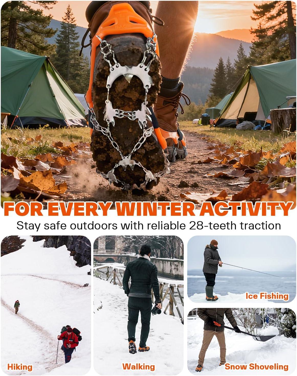 image:imageSportneer Crampons Ice Cleats for Shoes and Boots with 28 Spikes Traction Slipon Stretch Footwear for Walking and Shoveling on Ice and SnowOrange