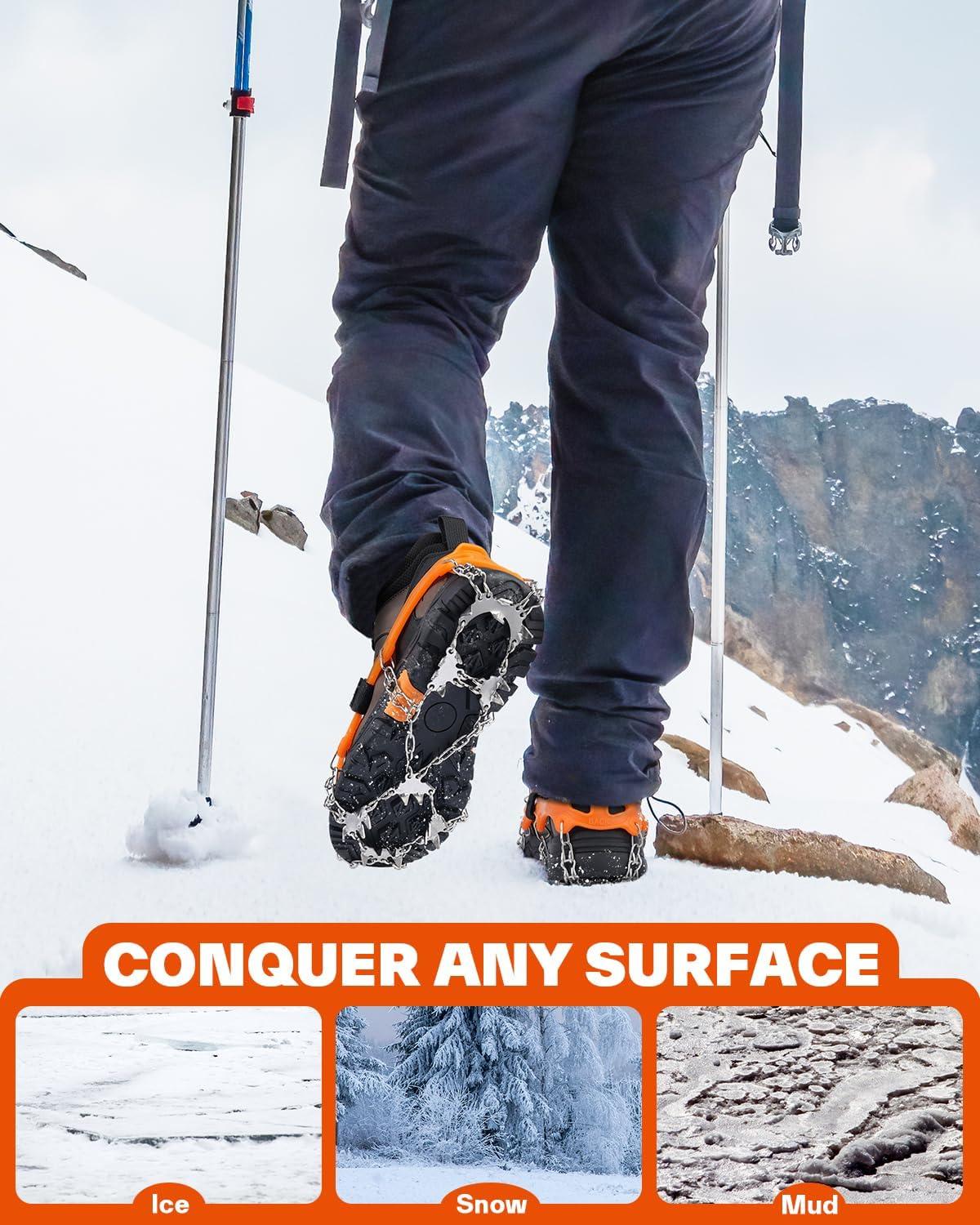 image:imageSportneer Crampons Ice Cleats for Shoes and Boots with 28 Spikes Traction Slipon Stretch Footwear for Walking and Shoveling on Ice and SnowOrange