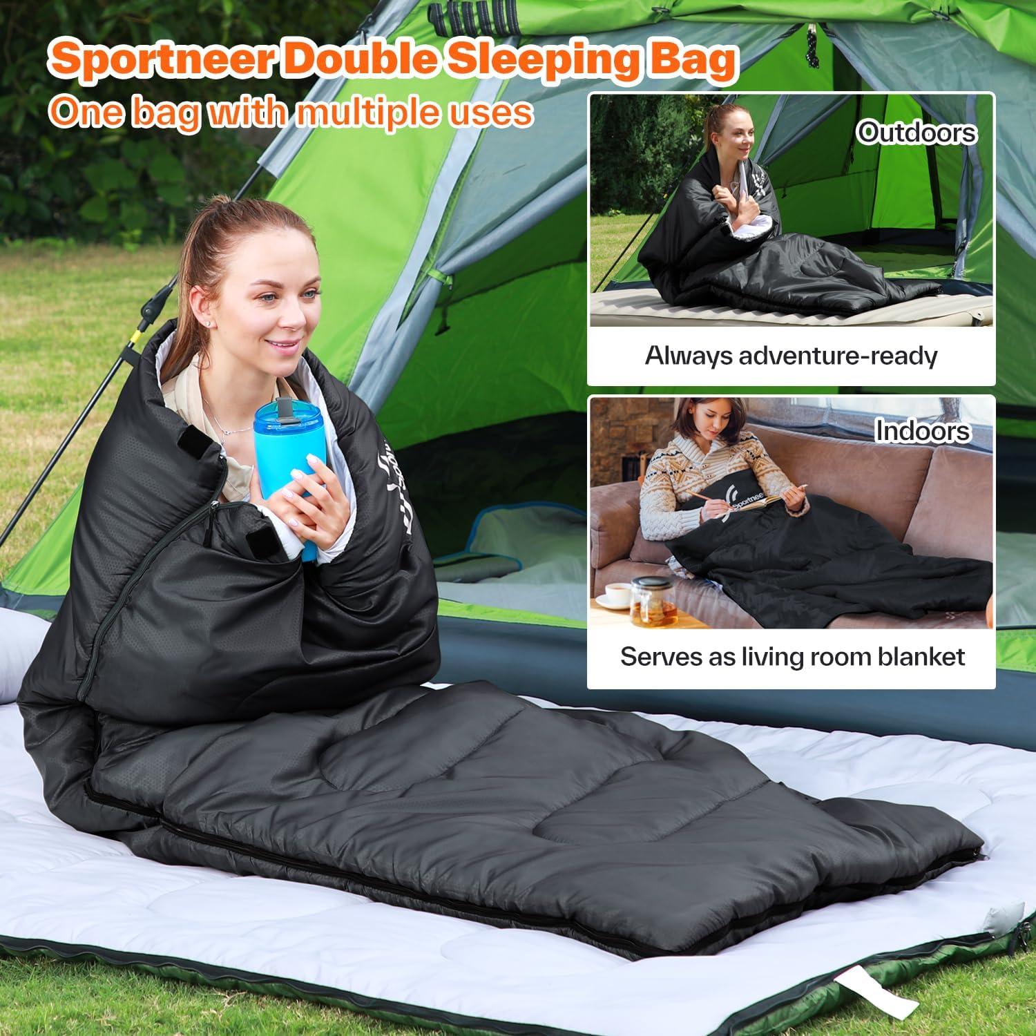 image:imageSportneer Double Sleeping Bag Queen Size 2 Person All Season for Warm amp Cold Weather Camping Sleeping Bag with 2 Pillows Waterproof Lightweight Large Size 866 x 59Black