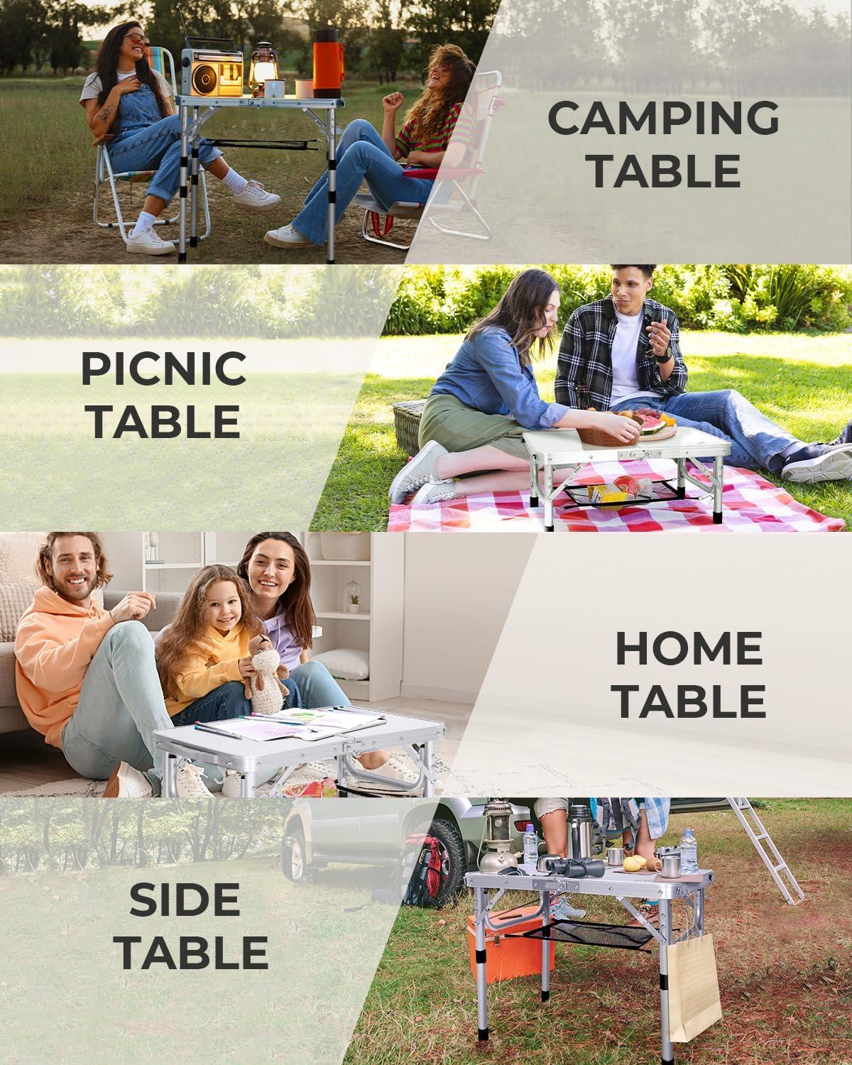 image:imageSportneer Folding Table Adjustable Height Camping Essentials 354 L x 236 W 2 Height with Mesh Layer Compact amp Portable Small Folding Table for Outdoor Camp Garden Picnic BBQ Dining CookingWhite
