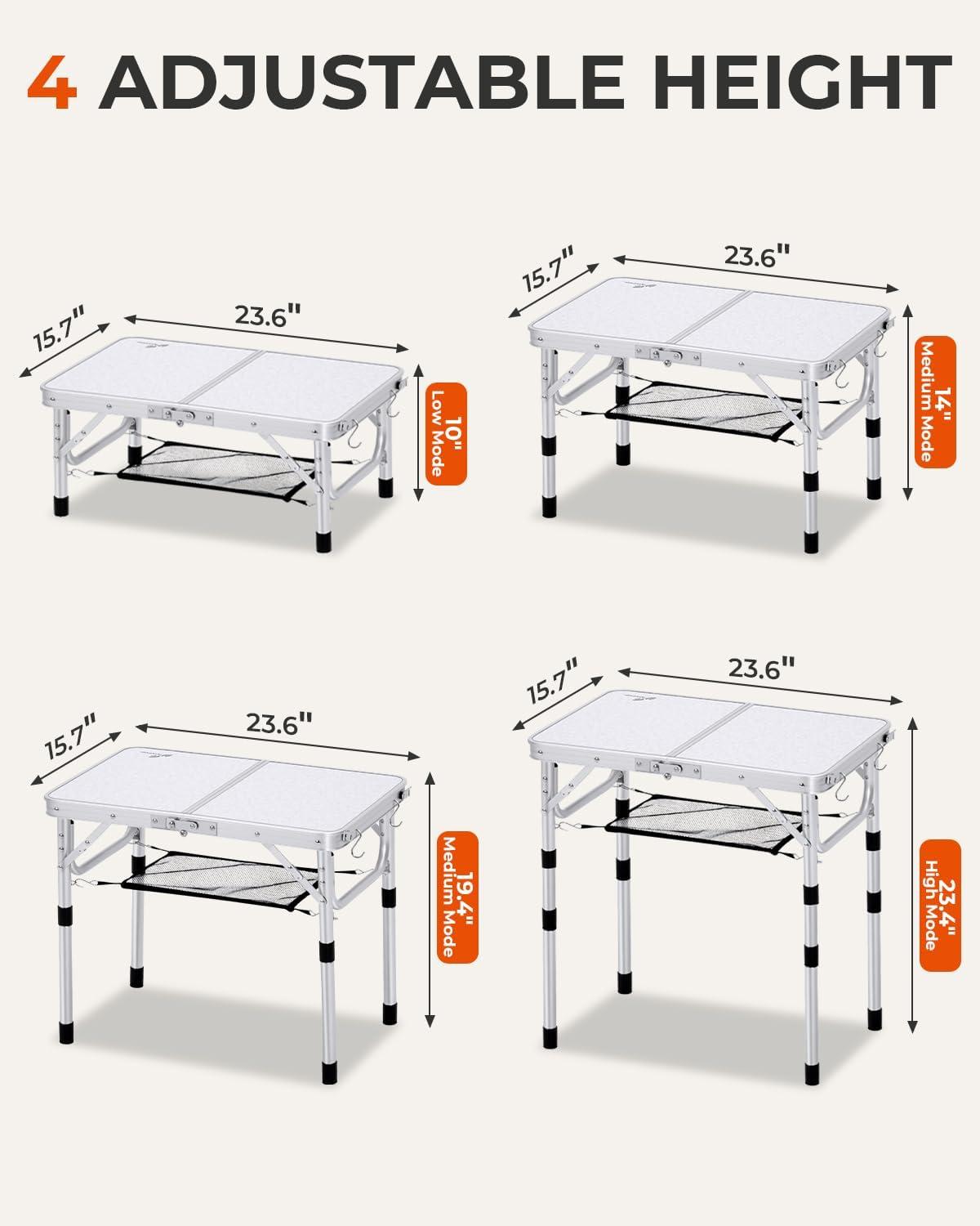 image:imageSportneer Folding Table Adjustable Height Camping Essentials 354 L x 236 W 2 Height with Mesh Layer Compact amp Portable Small Folding Table for Outdoor Camp Garden Picnic BBQ Dining CookingWhite