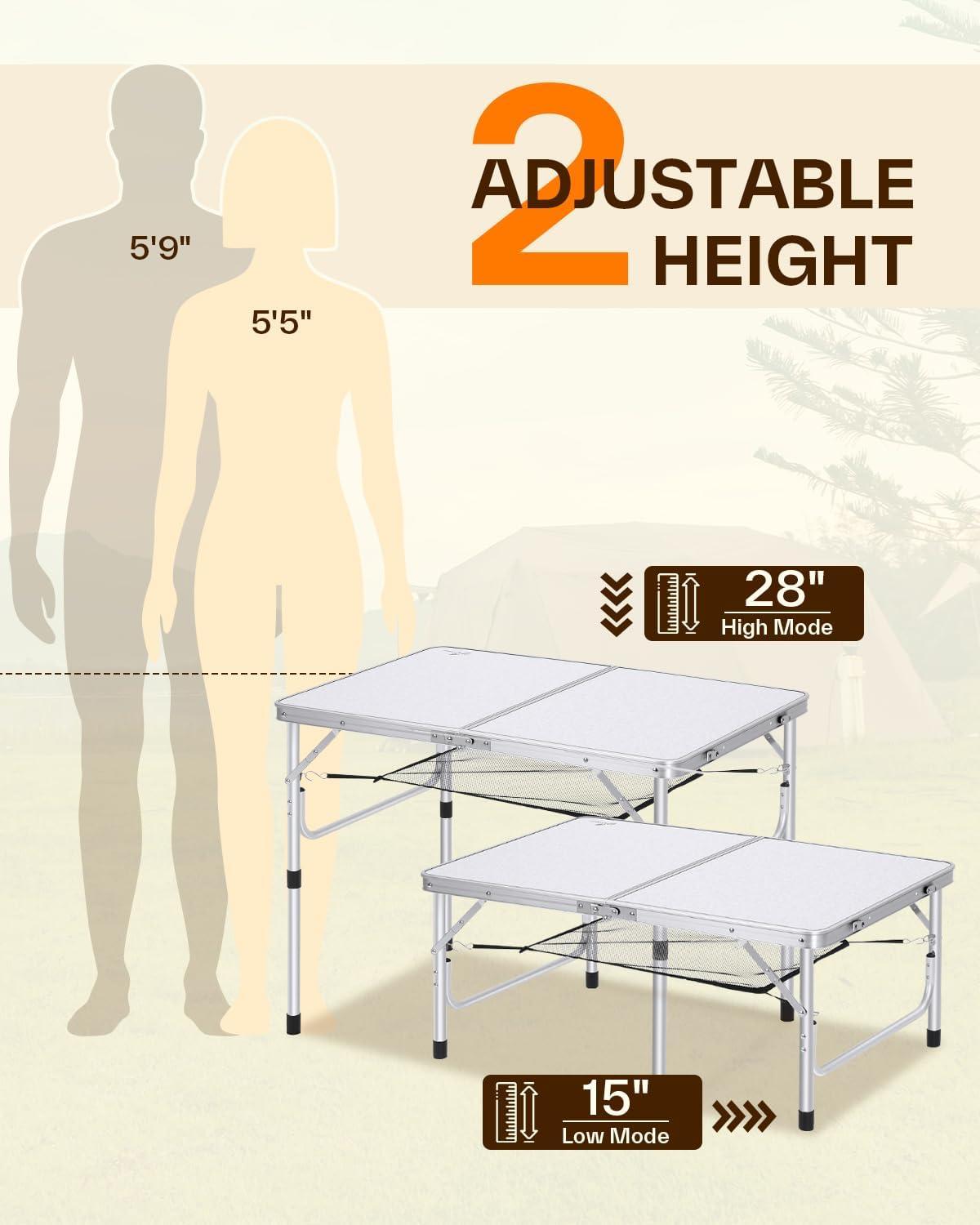 image:imageSportneer Folding Table Adjustable Height Camping Essentials 354 L x 236 W 2 Height with Mesh Layer Compact amp Portable Small Folding Table for Outdoor Camp Garden Picnic BBQ Dining CookingWhite