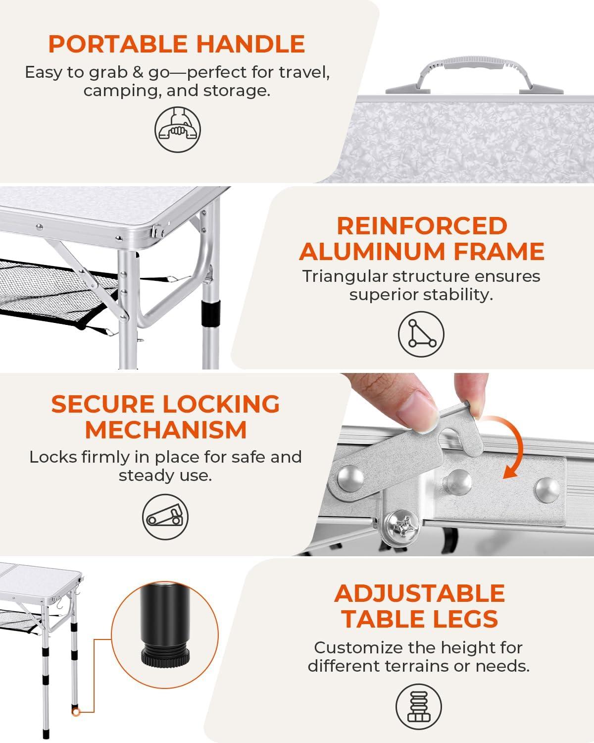image:imageSportneer Folding Table Adjustable Height Camping Essentials 354 L x 236 W 2 Height with Mesh Layer Compact amp Portable Small Folding Table for Outdoor Camp Garden Picnic BBQ Dining CookingWhite
