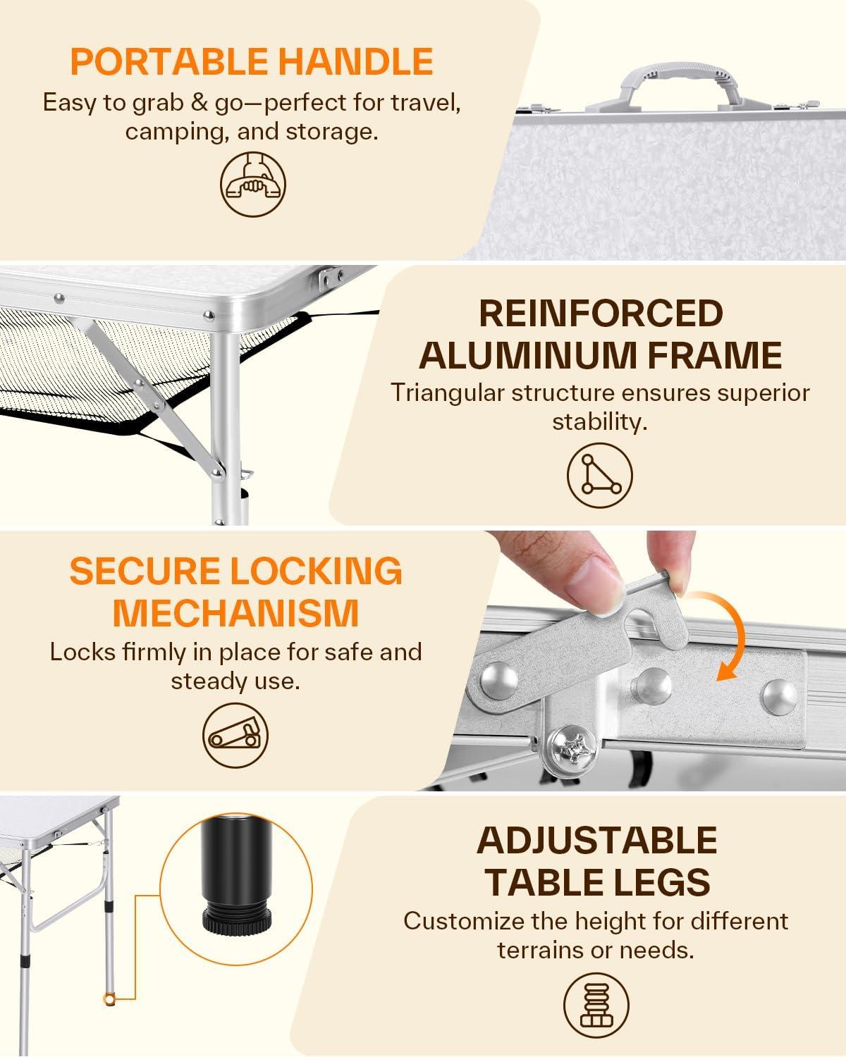 image:imageSportneer Folding Table Adjustable Height Camping Essentials 354 L x 236 W 2 Height with Mesh Layer Compact amp Portable Small Folding Table for Outdoor Camp Garden Picnic BBQ Dining CookingWhite