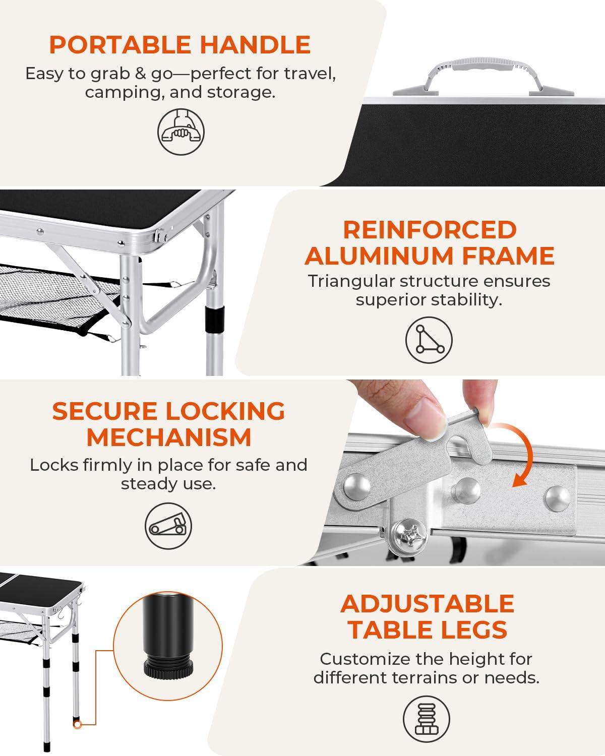 image:imageSportneer Folding Table Adjustable Height Camping Essentials 354 L x 236 W 2 Height with Mesh Layer Compact amp Portable Small Folding Table for Outdoor Camp Garden Picnic BBQ Dining CookingBlack