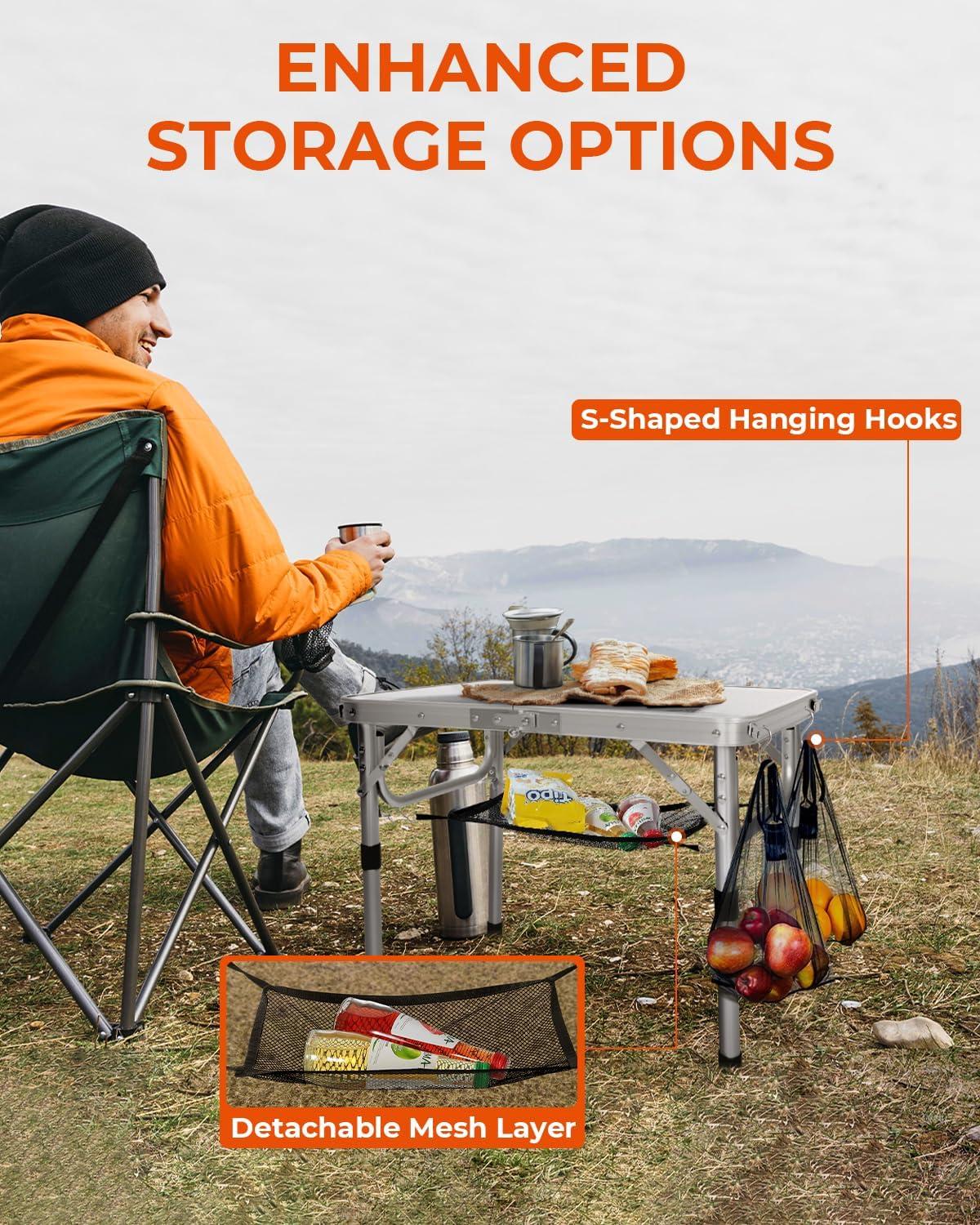 image:imageSportneer Folding Table Adjustable Height Camping Essentials 354 L x 236 W 2 Height with Mesh Layer Compact amp Portable Small Folding Table for Outdoor Camp Garden Picnic BBQ Dining CookingWhite