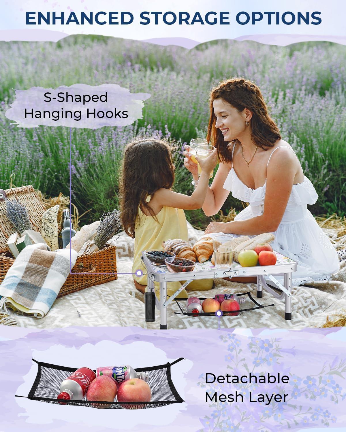 image:imageSportneer Folding Table Adjustable Height Camping Essentials 354 L x 236 W 2 Height with Mesh Layer Compact amp Portable Small Folding Table for Outdoor Camp Garden Picnic BBQ Dining CookingPurple