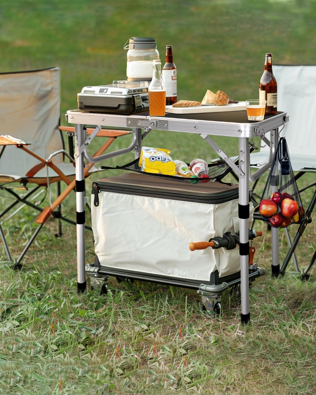 image:imageSportneer Folding Table Adjustable Height Camping Essentials 354 L x 236 W 2 Height with Mesh Layer Compact amp Portable Small Folding Table for Outdoor Camp Garden Picnic BBQ Dining CookingBlack