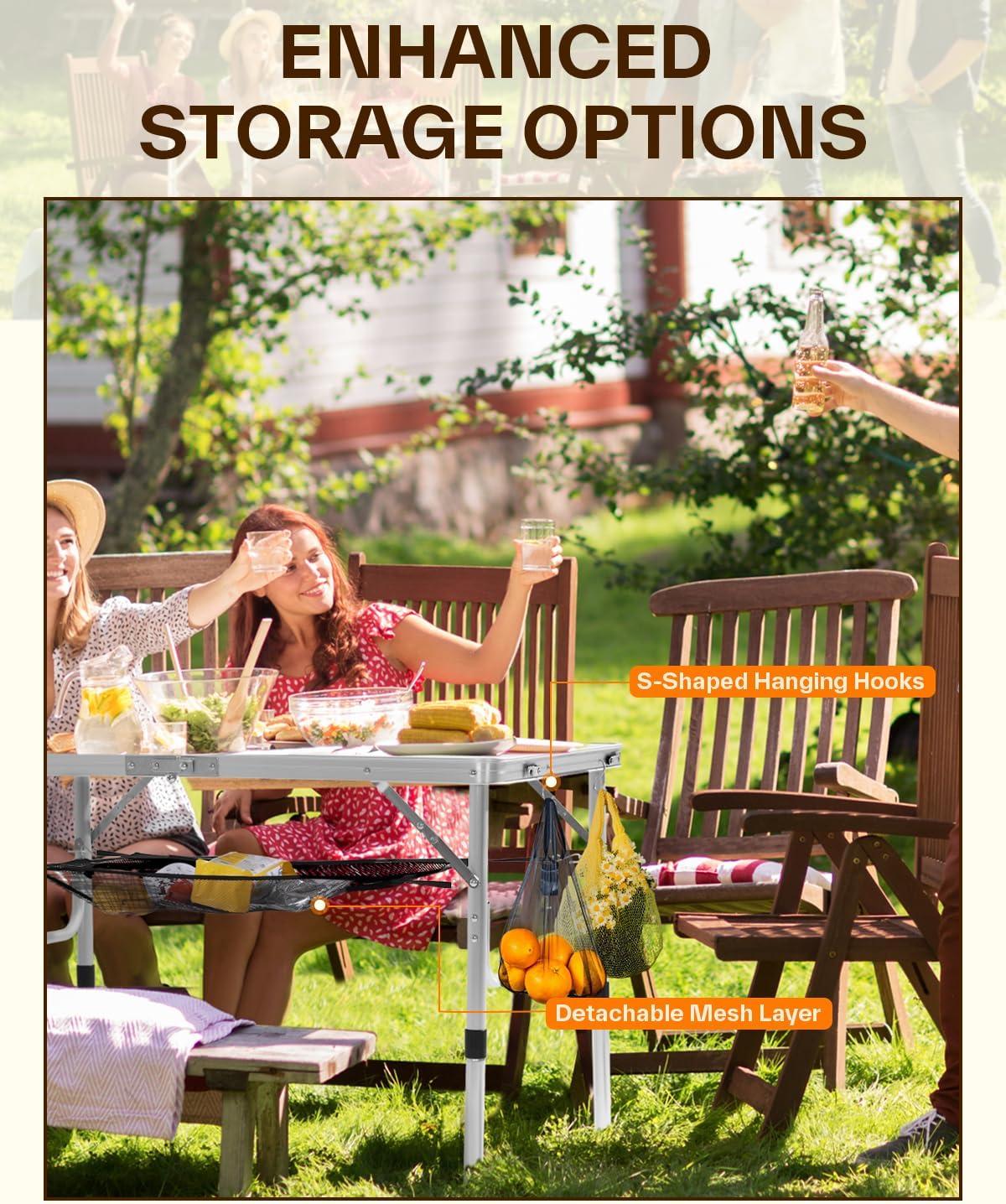 image:imageSportneer Folding Table Adjustable Height Camping Essentials 354 L x 236 W 2 Height with Mesh Layer Compact amp Portable Small Folding Table for Outdoor Camp Garden Picnic BBQ Dining CookingWhite