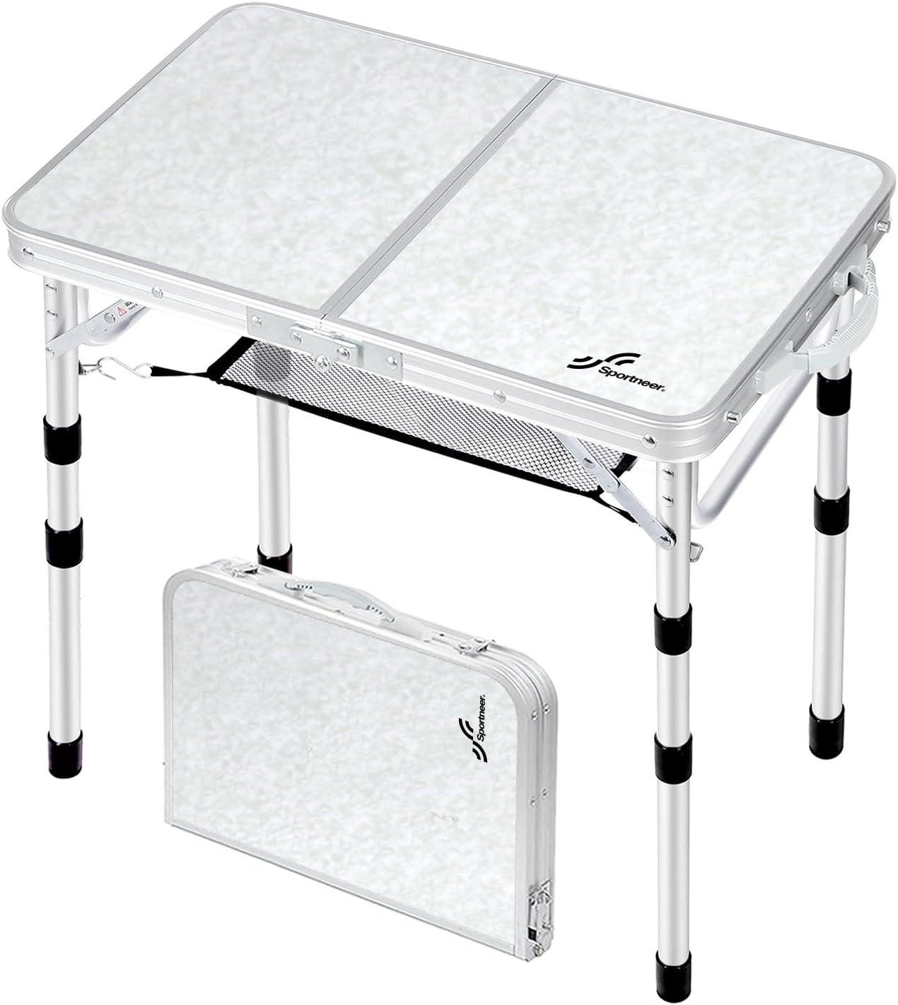 image:imageSportneer Folding Table Adjustable Height Camping Essentials 354 L x 236 W 2 Height with Mesh Layer Compact amp Portable Small Folding Table for Outdoor Camp Garden Picnic BBQ Dining CookingWhite