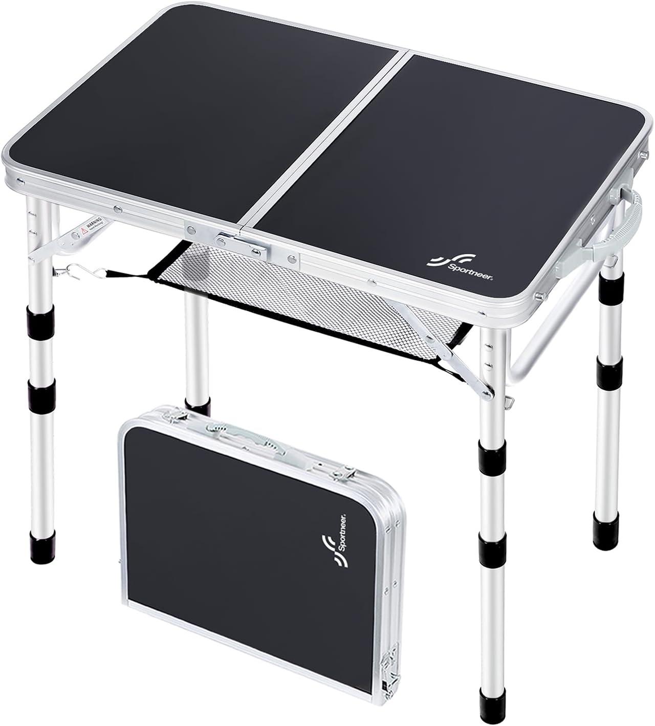 image:imageSportneer Folding Table Adjustable Height Camping Essentials 354 L x 236 W 2 Height with Mesh Layer Compact amp Portable Small Folding Table for Outdoor Camp Garden Picnic BBQ Dining CookingBlack