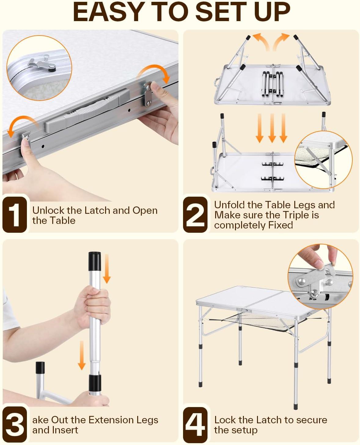 image:imageSportneer Folding Table Adjustable Height Camping Essentials 354 L x 236 W 2 Height with Mesh Layer Compact amp Portable Small Folding Table for Outdoor Camp Garden Picnic BBQ Dining CookingWhite