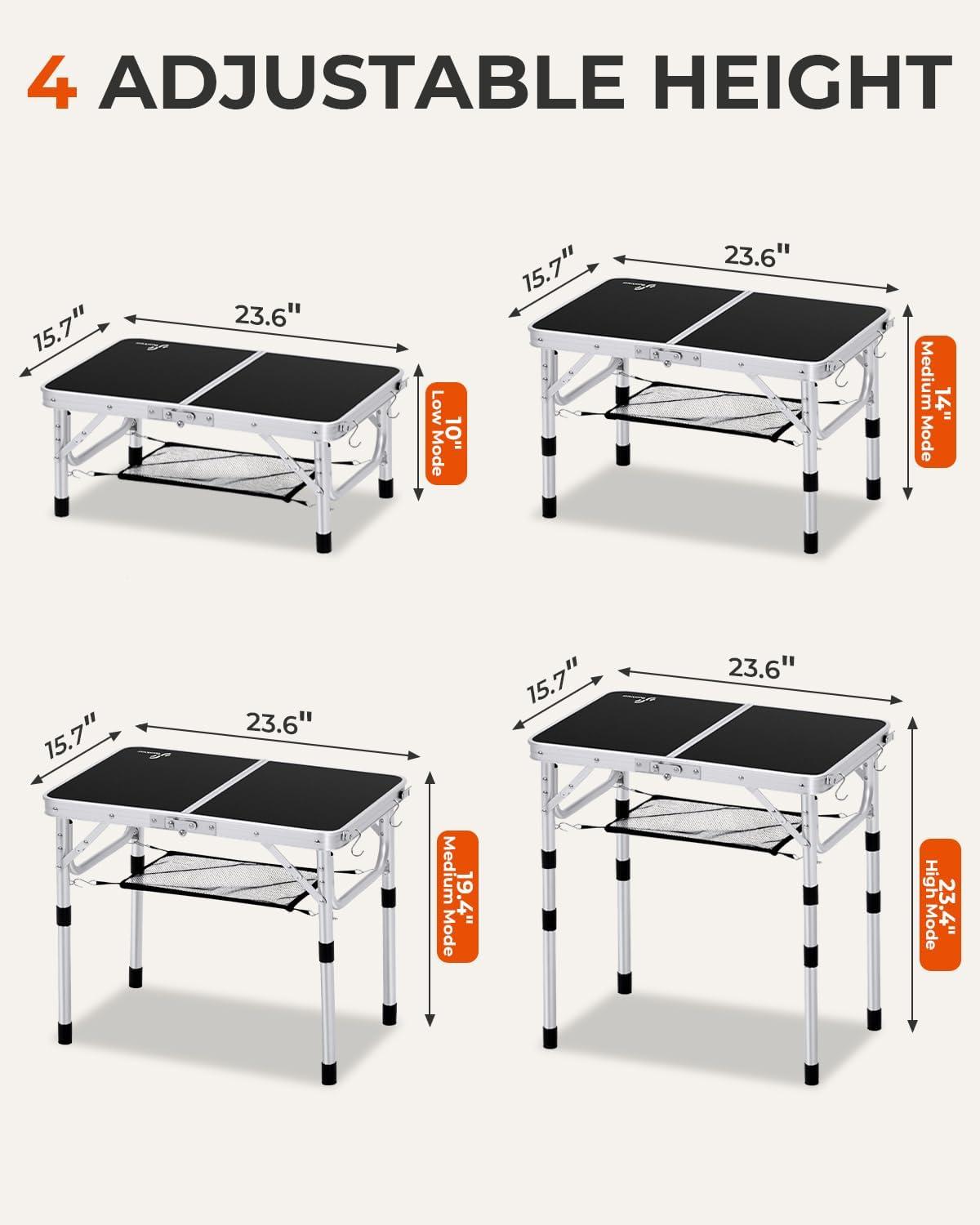 image:imageSportneer Folding Table Adjustable Height Camping Essentials 354 L x 236 W 2 Height with Mesh Layer Compact amp Portable Small Folding Table for Outdoor Camp Garden Picnic BBQ Dining CookingBlack
