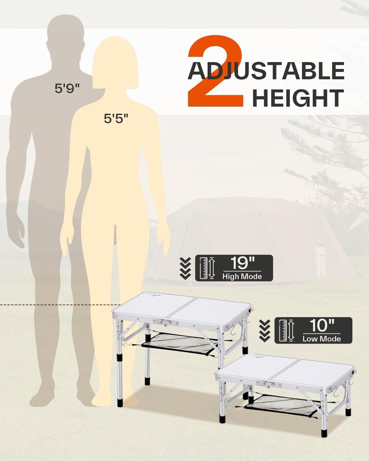 image:imageSportneer Folding Table Adjustable Height Camping Essentials 354 L x 236 W 2 Height with Mesh Layer Compact amp Portable Small Folding Table for Outdoor Camp Garden Picnic BBQ Dining CookingWhite