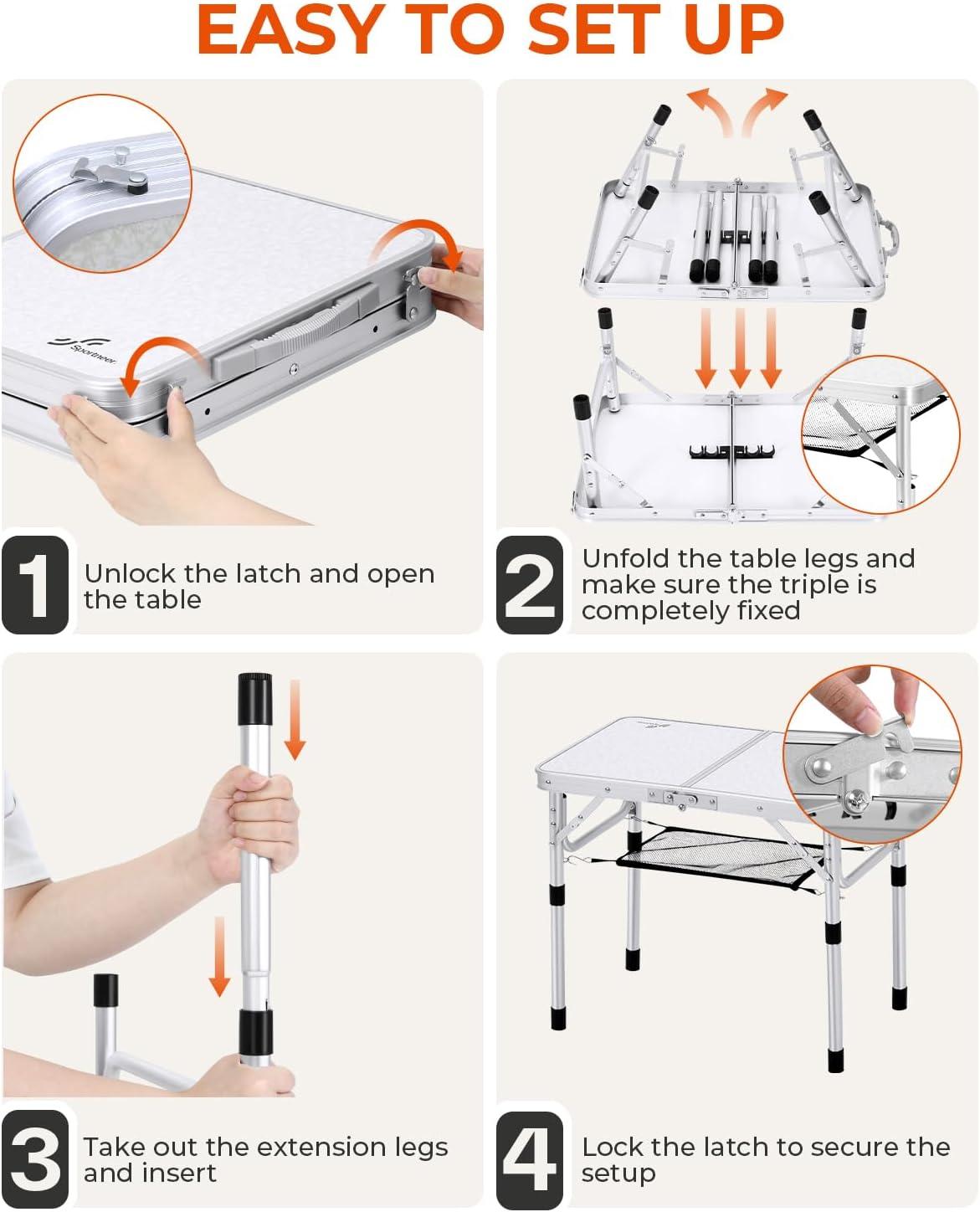 image:imageSportneer Folding Table Adjustable Height Camping Essentials 354 L x 236 W 2 Height with Mesh Layer Compact amp Portable Small Folding Table for Outdoor Camp Garden Picnic BBQ Dining CookingWhite