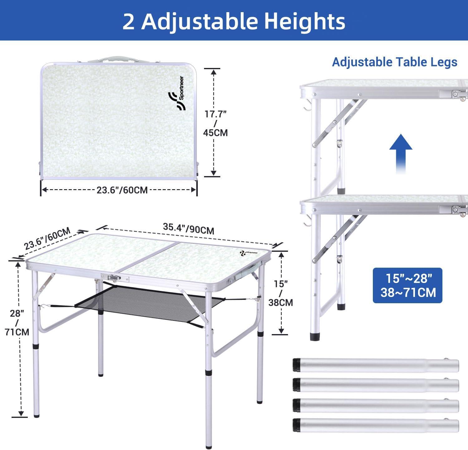 image:imageSportneer Folding Table Adjustable Height Camping Essentials 354 L x 236 W 2 Height with Mesh Layer Compact amp Portable Small Folding Table for Outdoor Camp Garden Picnic BBQ Dining CookingWhite