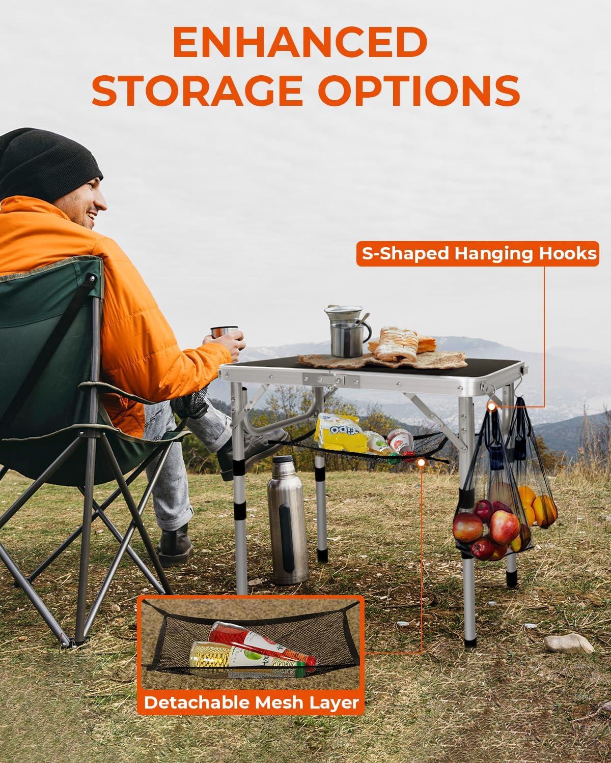 image:imageSportneer Folding Table Adjustable Height Camping Essentials 354 L x 236 W 2 Height with Mesh Layer Compact amp Portable Small Folding Table for Outdoor Camp Garden Picnic BBQ Dining CookingBlack