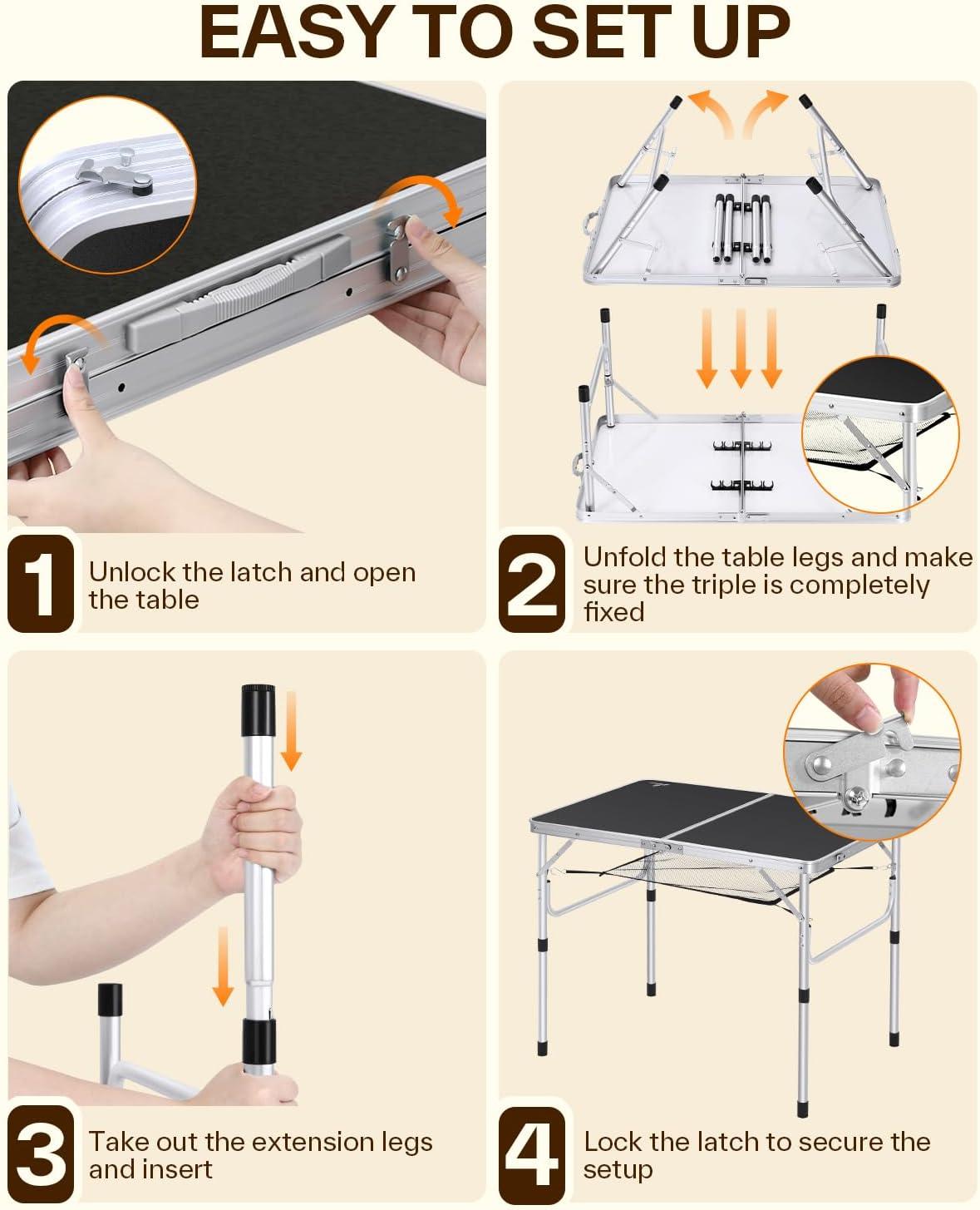image:imageSportneer Folding Table Adjustable Height Camping Essentials 354 L x 236 W 2 Height with Mesh Layer Compact amp Portable Small Folding Table for Outdoor Camp Garden Picnic BBQ Dining CookingBlack