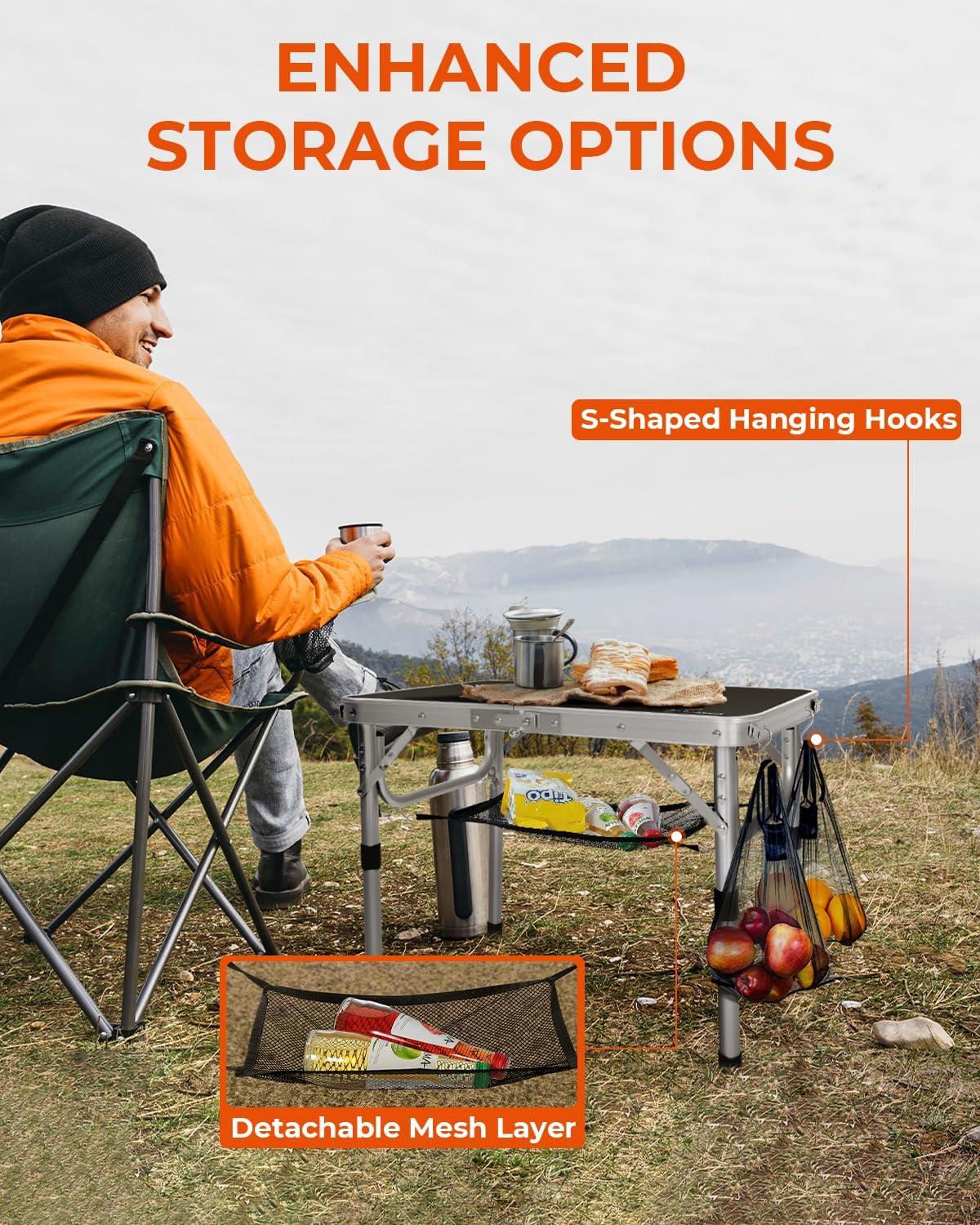 image:imageSportneer Folding Table Adjustable Height Camping Essentials 354 L x 236 W 2 Height with Mesh Layer Compact amp Portable Small Folding Table for Outdoor Camp Garden Picnic BBQ Dining CookingBlack