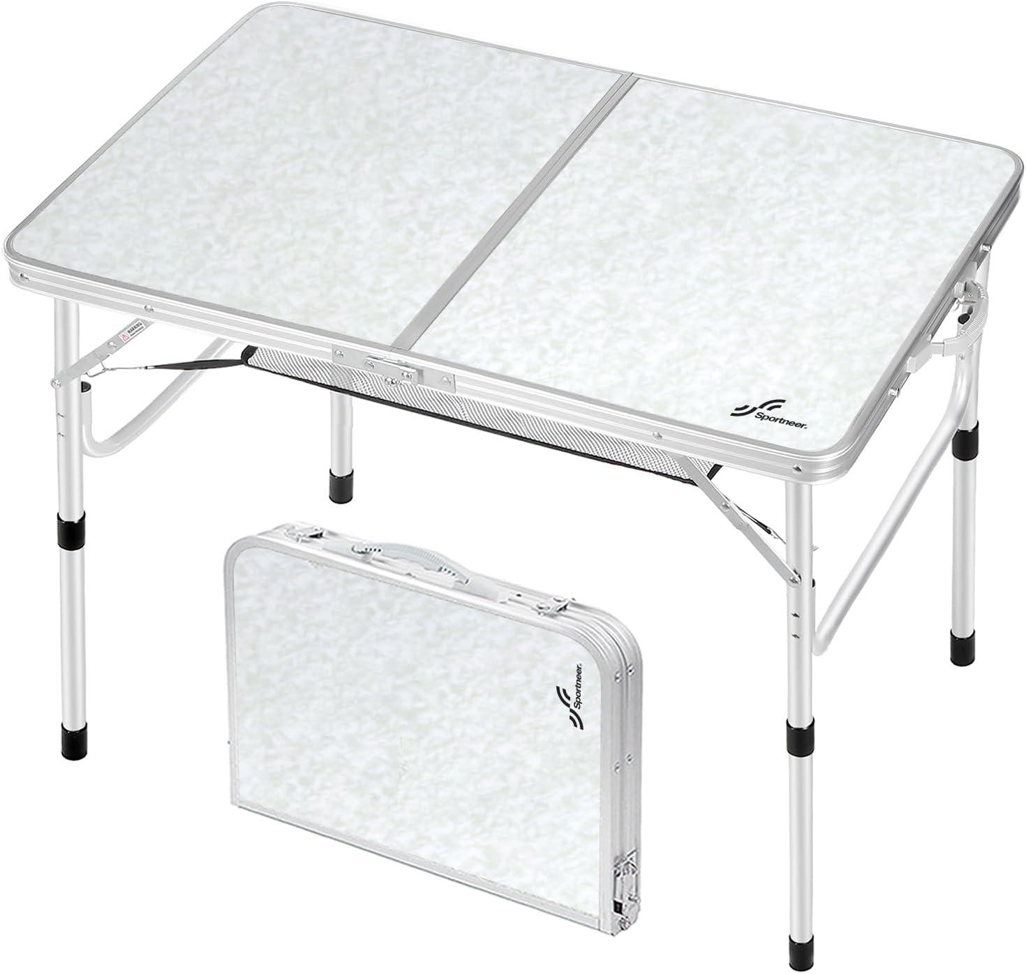image:imageSportneer Folding Table Adjustable Height Camping Essentials 354 L x 236 W 2 Height with Mesh Layer Compact amp Portable Small Folding Table for Outdoor Camp Garden Picnic BBQ Dining CookingWhite