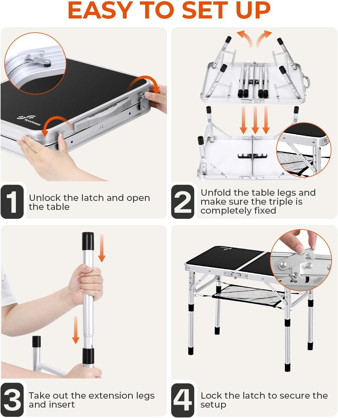 image:imageSportneer Folding Table Adjustable Height Camping Essentials 354 L x 236 W 2 Height with Mesh Layer Compact amp Portable Small Folding Table for Outdoor Camp Garden Picnic BBQ Dining CookingBlack