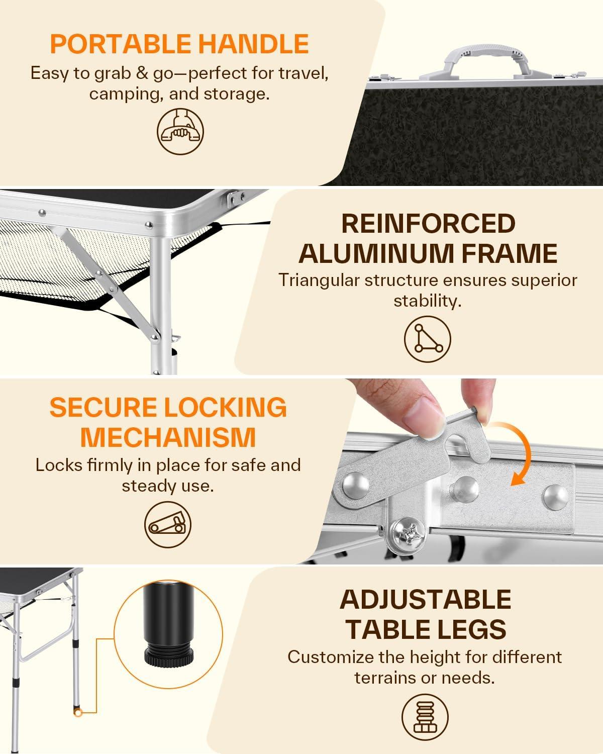 image:imageSportneer Folding Table Adjustable Height Camping Essentials 354 L x 236 W 2 Height with Mesh Layer Compact amp Portable Small Folding Table for Outdoor Camp Garden Picnic BBQ Dining CookingBlack