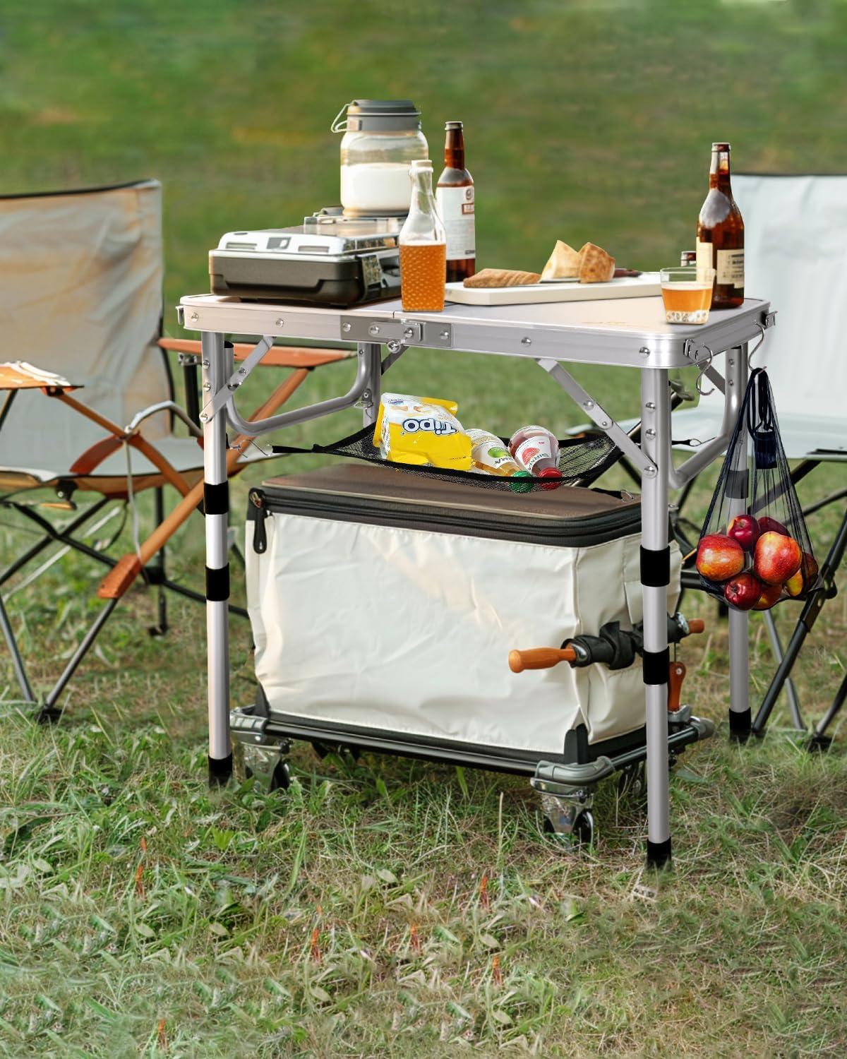 image:imageSportneer Folding Table Adjustable Height Camping Essentials 354 L x 236 W 2 Height with Mesh Layer Compact amp Portable Small Folding Table for Outdoor Camp Garden Picnic BBQ Dining CookingWhite