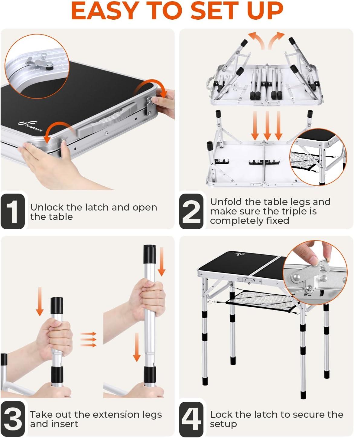 image:imageSportneer Folding Table Adjustable Height Camping Essentials 354 L x 236 W 2 Height with Mesh Layer Compact amp Portable Small Folding Table for Outdoor Camp Garden Picnic BBQ Dining CookingBlack
