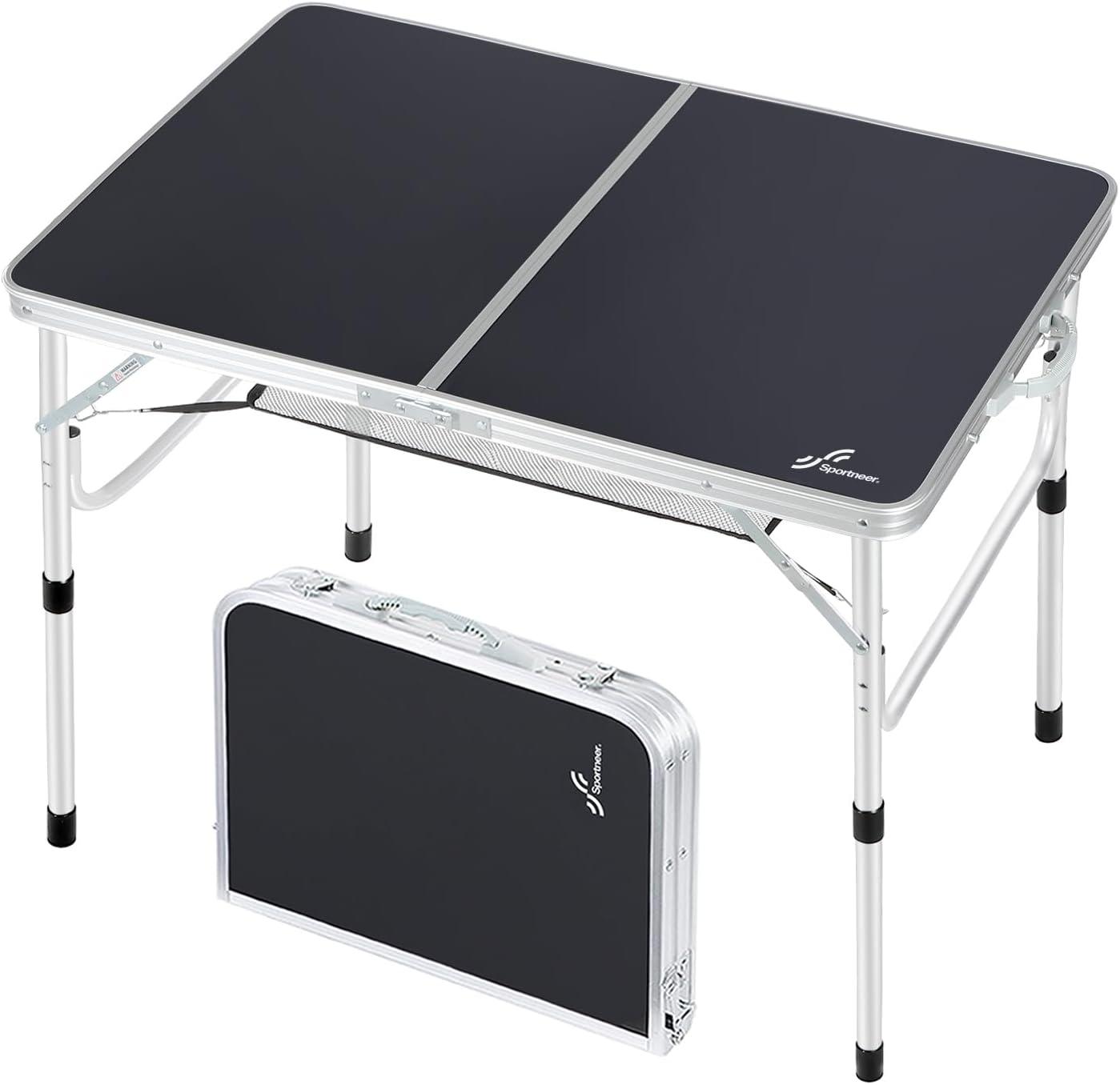 image:imageSportneer Folding Table Adjustable Height Camping Essentials 354 L x 236 W 2 Height with Mesh Layer Compact amp Portable Small Folding Table for Outdoor Camp Garden Picnic BBQ Dining CookingBlack