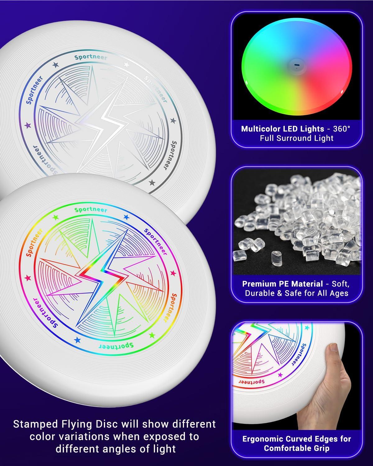 image:imageSportneer LED Flying Disc Light Up Frisbee with 3 Color Modes Motion Sensor Glow Disc USBC Rechargeable 175g HDPE Outdoor Flying Disc for Night Games Beach Camping BackyardHot Stamping 1 pack