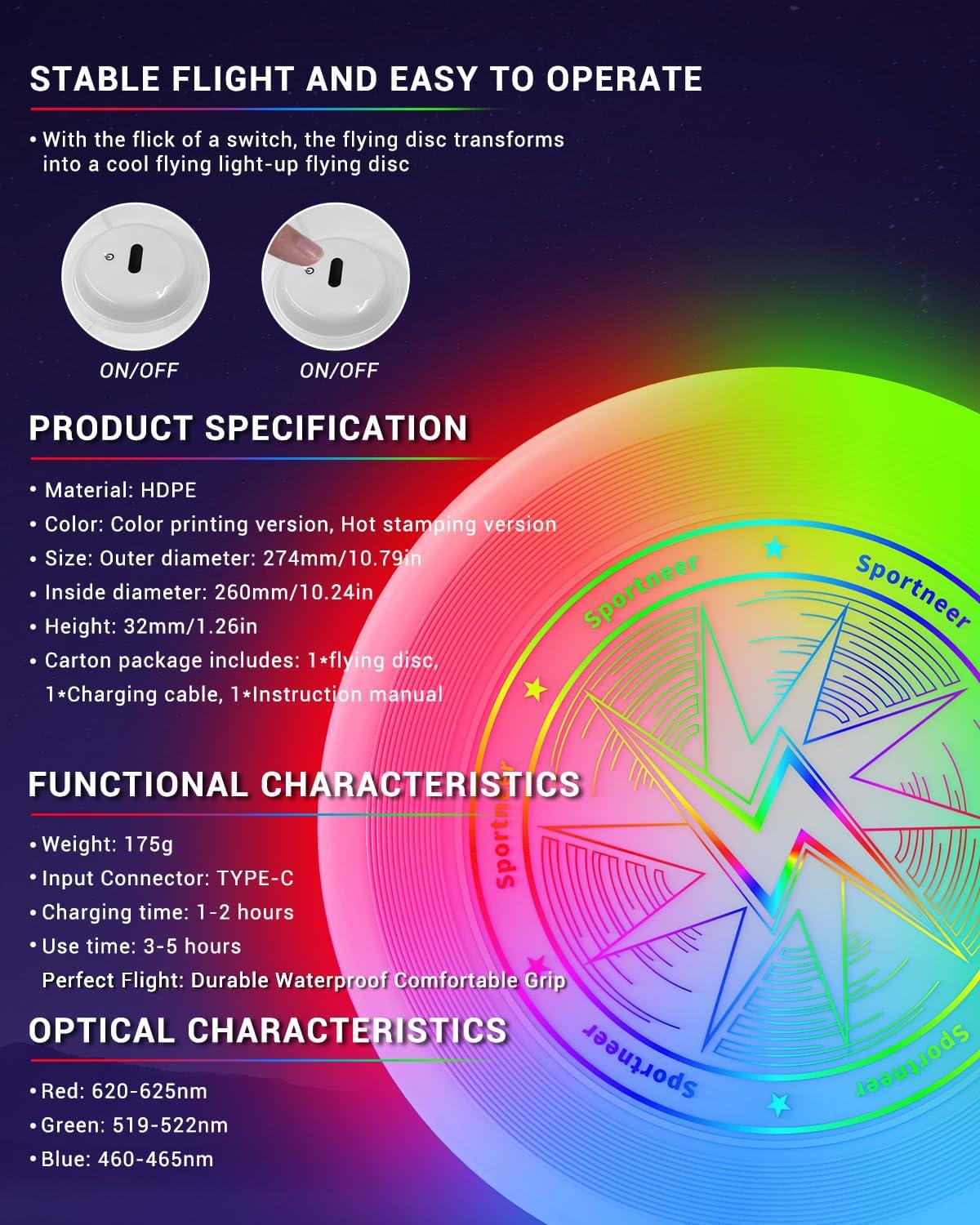 image:imageSportneer LED Flying Disc Light Up Frisbee with 3 Color Modes Motion Sensor Glow Disc USBC Rechargeable 175g HDPE Outdoor Flying Disc for Night Games Beach Camping BackyardHot Stamping 1 pack