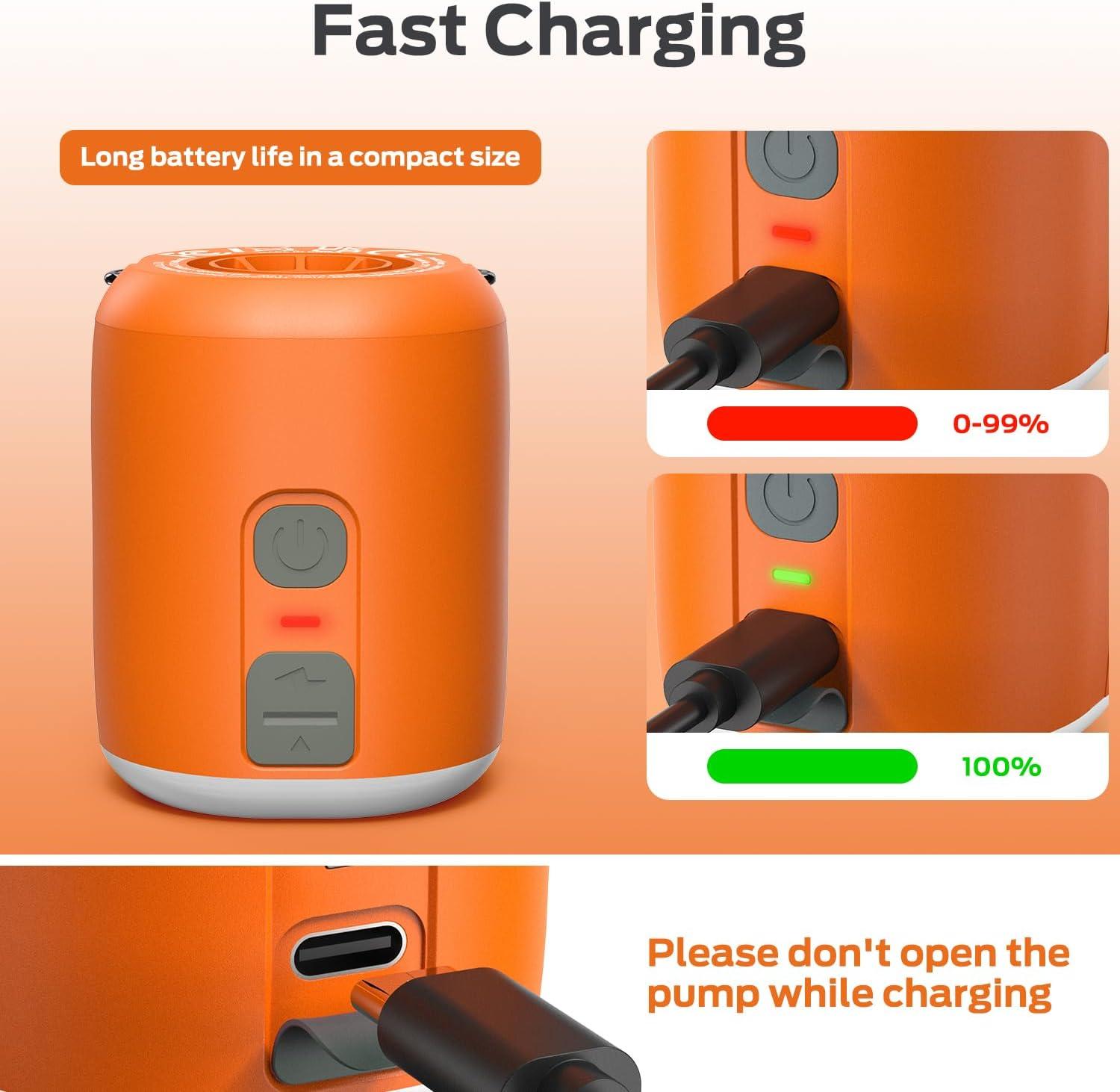 image:imageSportneer Mini Air Pump 1600mAh Rechargeable Air Pump for Inflatables with Hook Magnetic and Light Function Air Mattress Pump for Pool Floats Sleeping Pads Swimming Ring Vacuum Storage BagsOrange